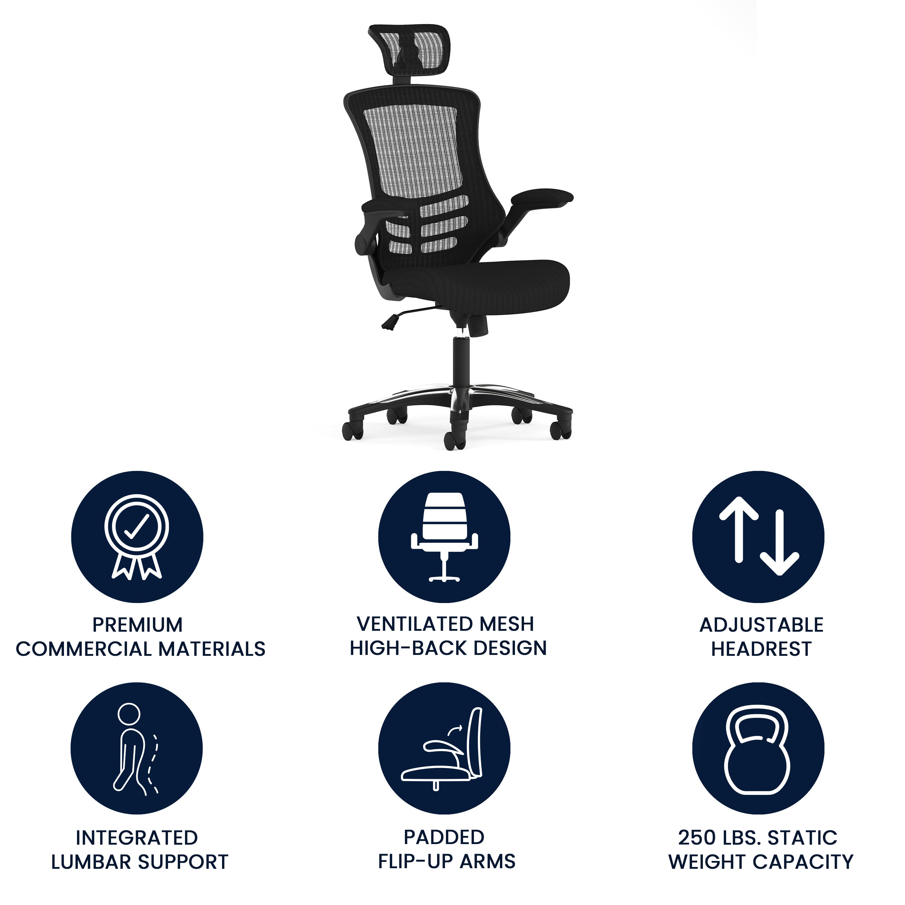 High-Back Black Mesh Swivel Ergonomic Executive Office Chair with Flip-Up Arms and Adjustable Headrest