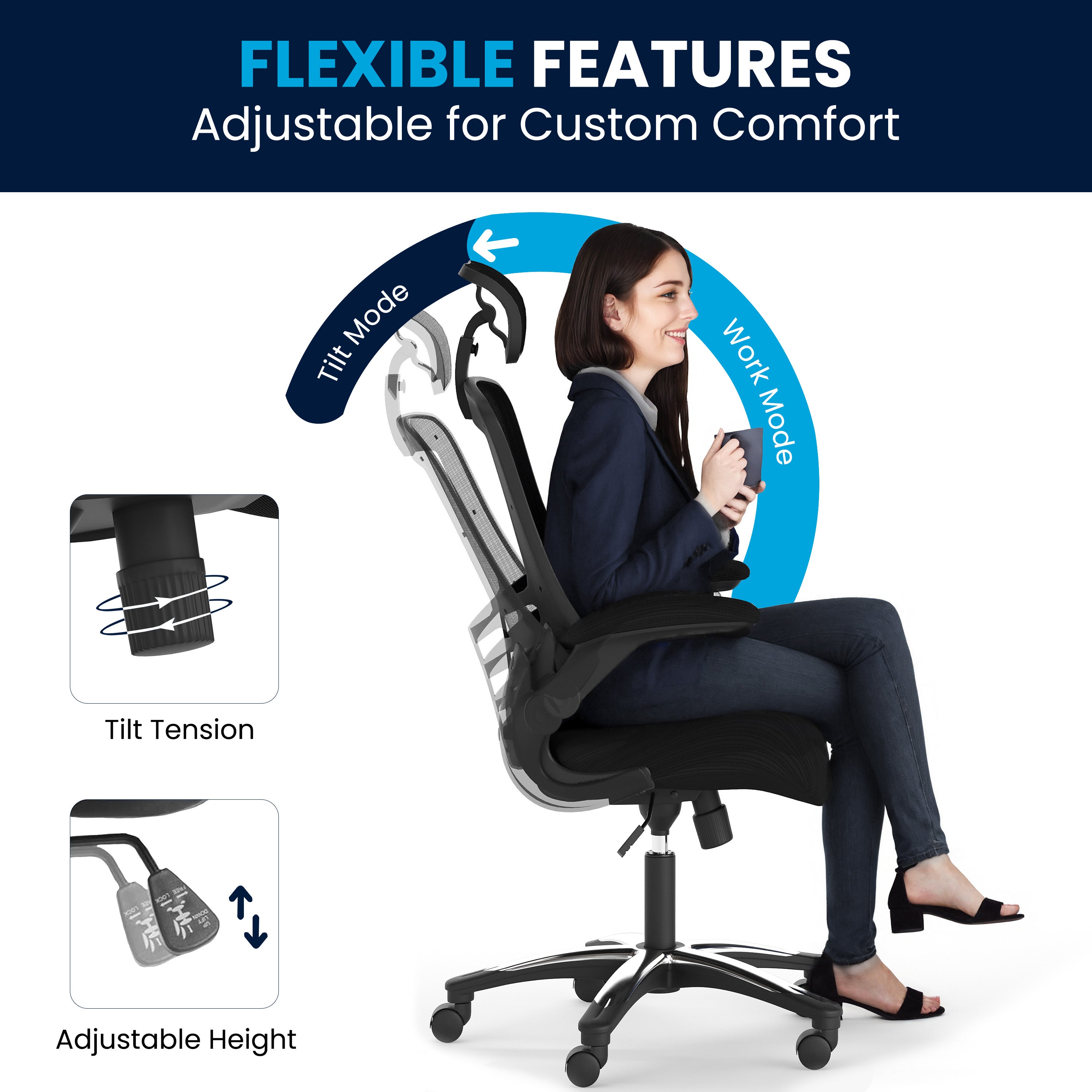 High-Back Black Mesh Swivel Ergonomic Executive Office Chair with Flip-Up Arms and Adjustable Headrest