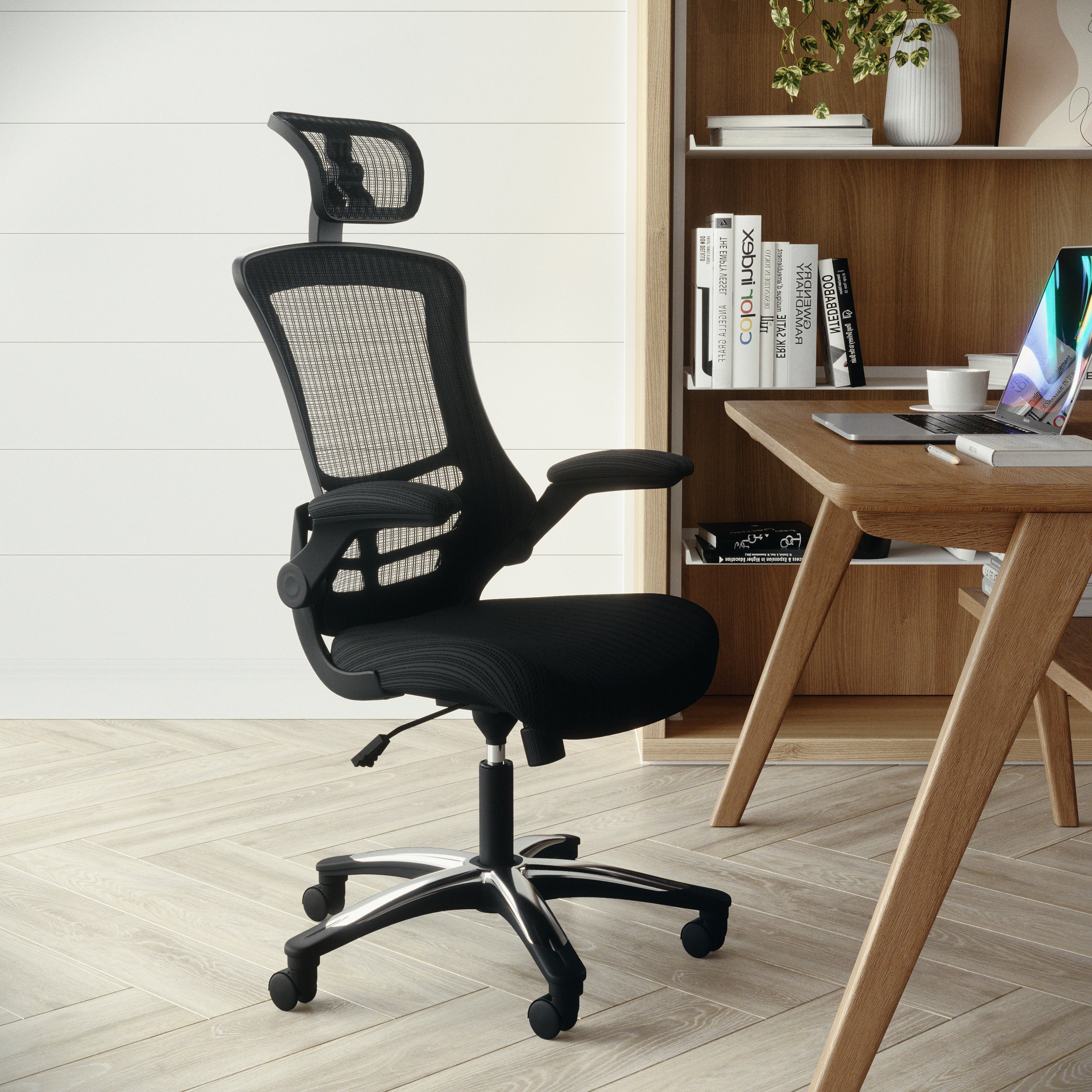 High-Back Black Mesh Swivel Ergonomic Executive Office Chair with Flip-Up Arms and Adjustable Headrest