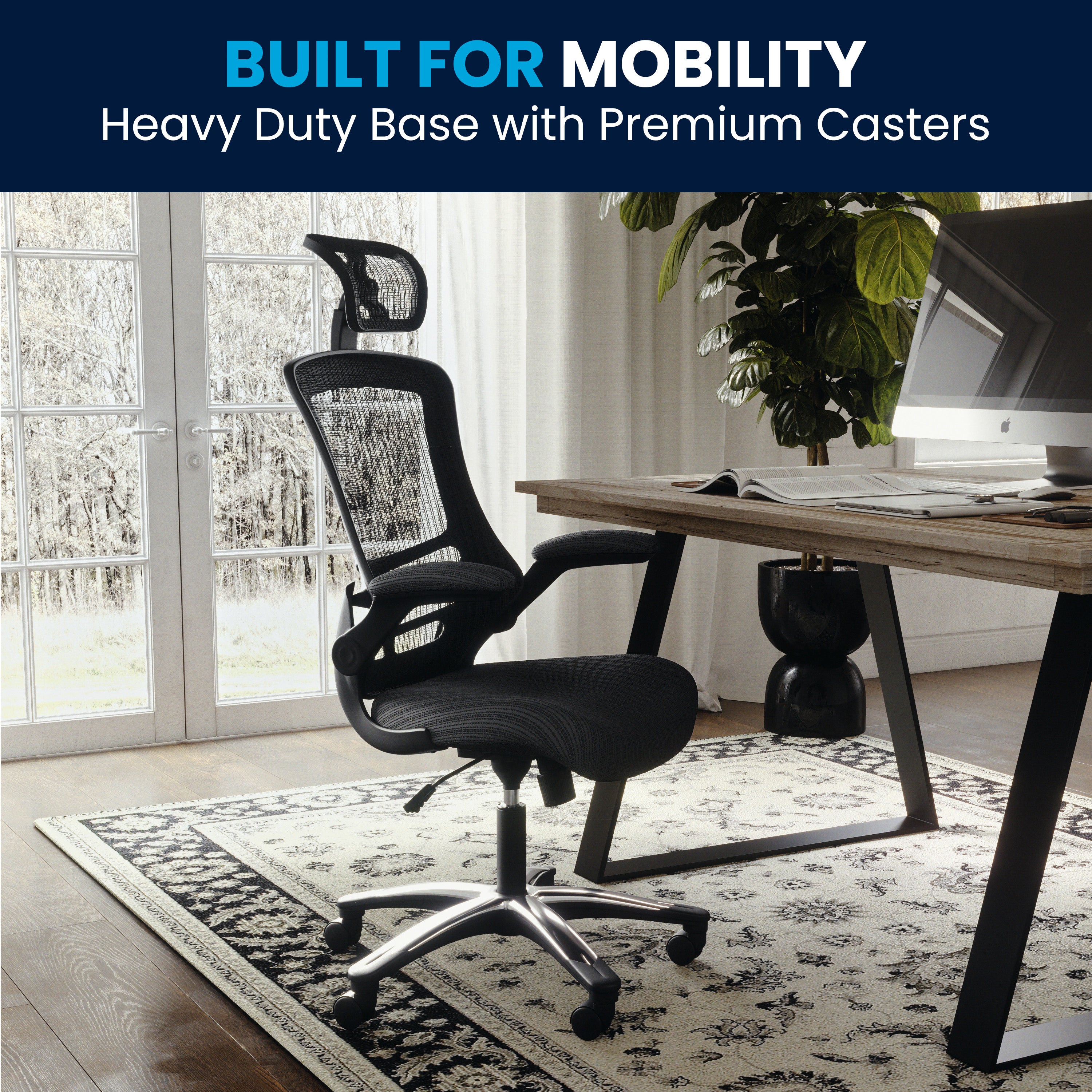 High-Back Black Mesh Swivel Ergonomic Executive Office Chair with Flip-Up Arms and Adjustable Headrest