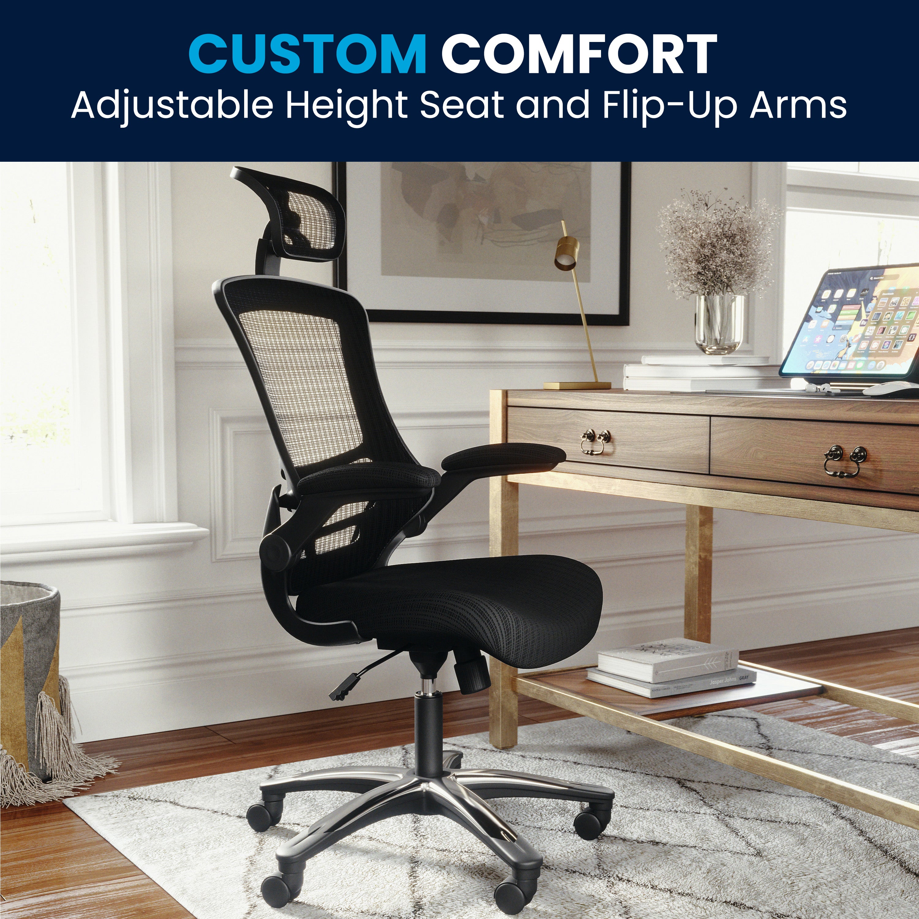 High-Back Black Mesh Swivel Ergonomic Executive Office Chair with Flip-Up Arms and Adjustable Headrest