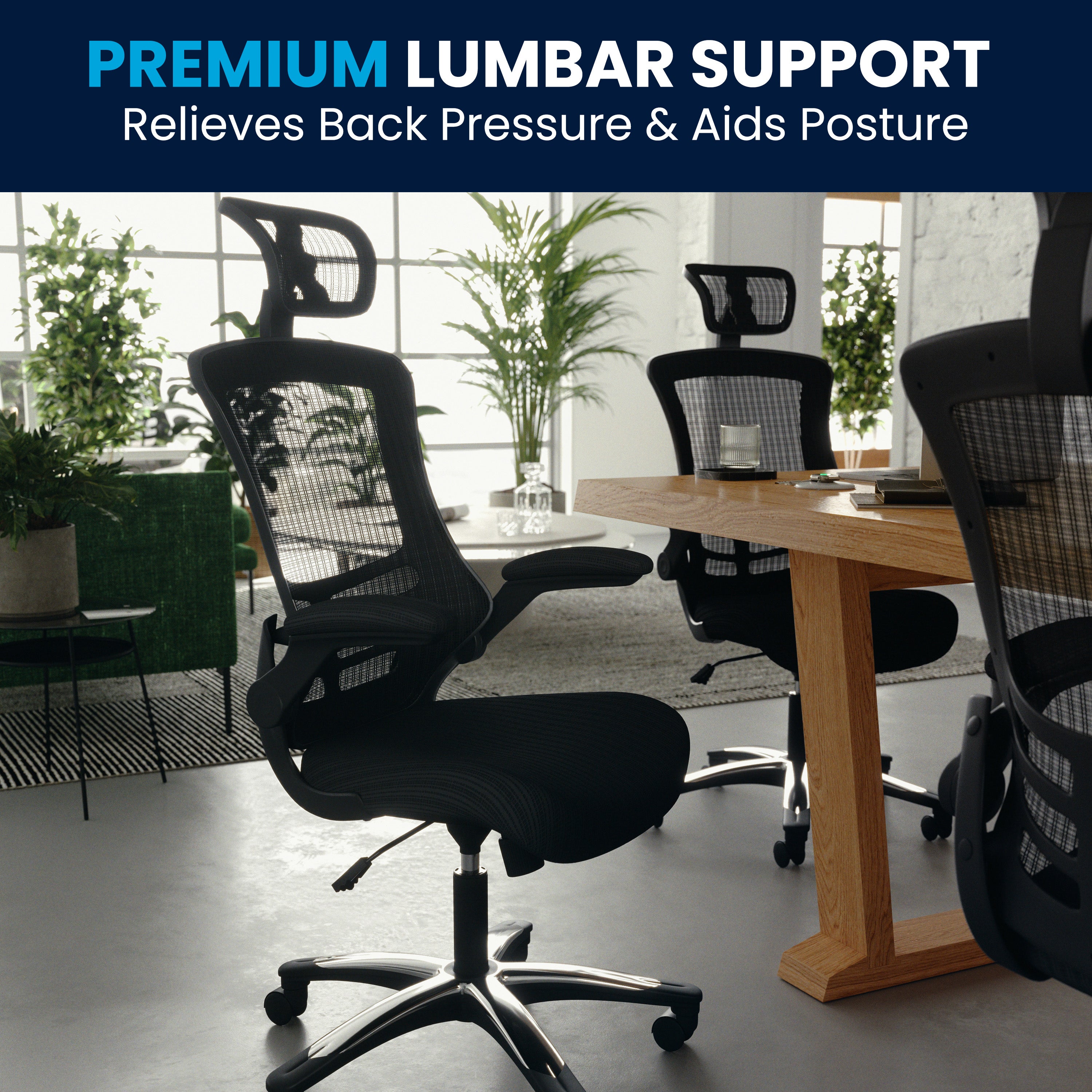 High-Back Black Mesh Swivel Ergonomic Executive Office Chair with Flip-Up Arms and Adjustable Headrest