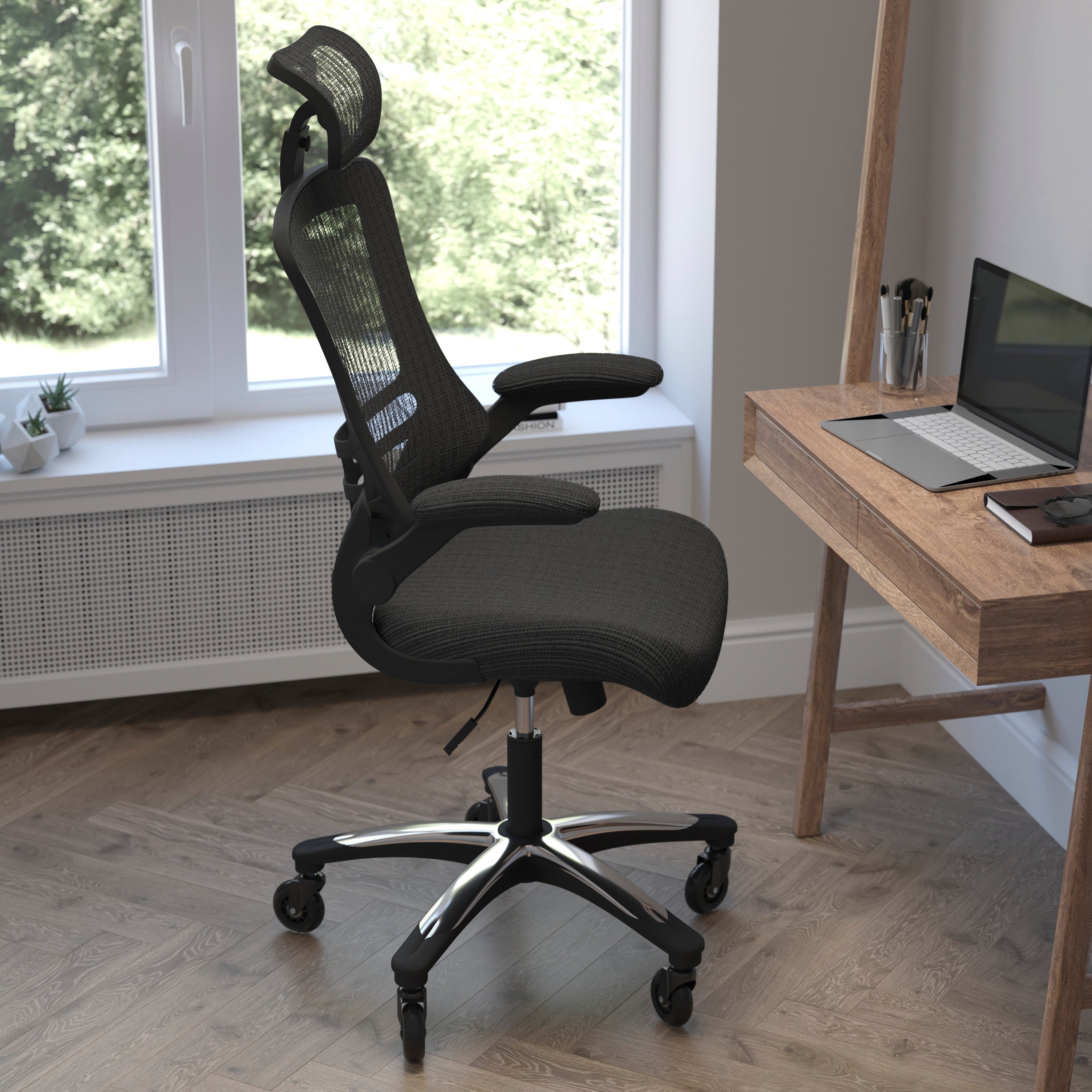 Kelista High-Back Swivel Ergonomic Executive Office Chair with Flip-Up Arms and Roller Wheels