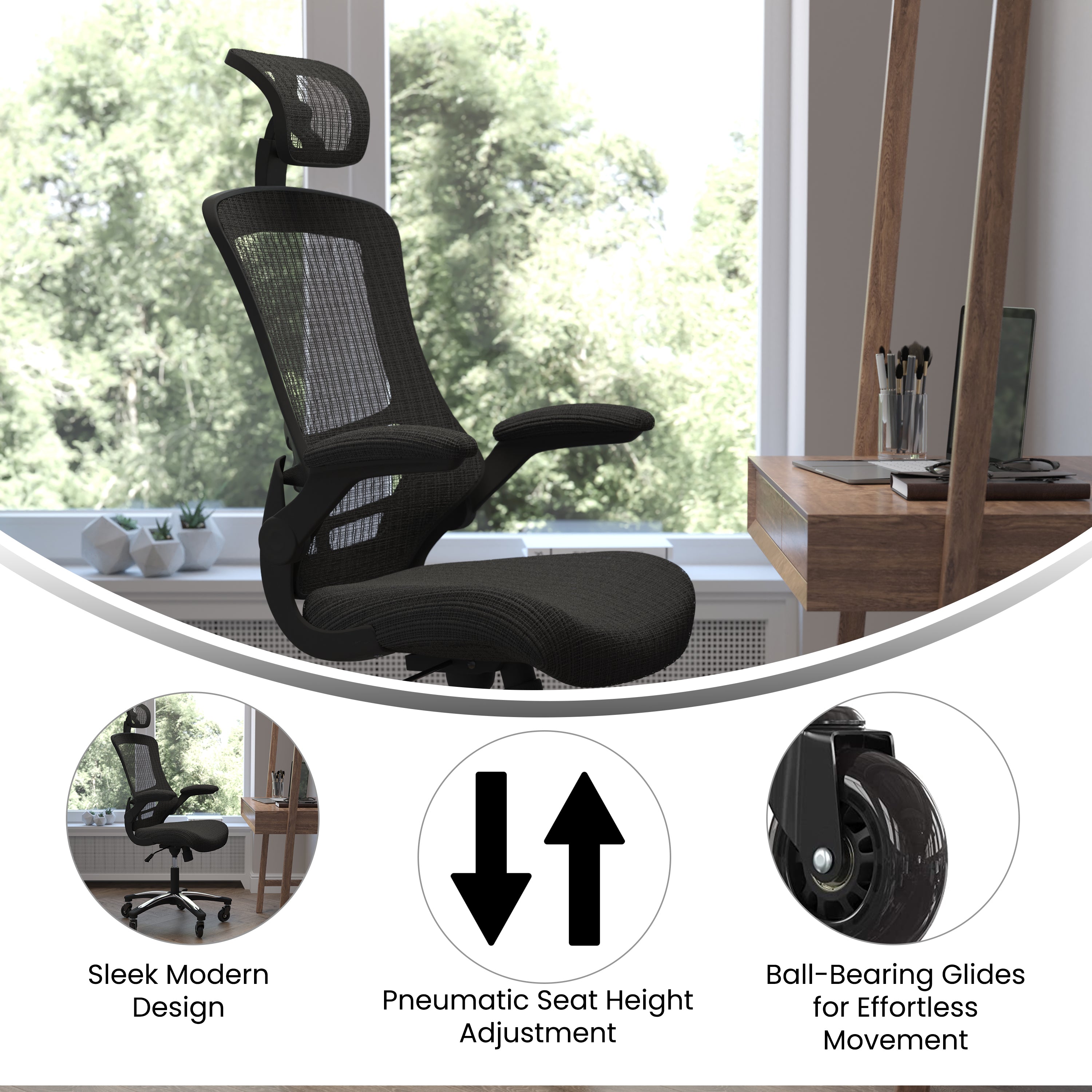 Kelista High-Back Swivel Ergonomic Executive Office Chair with Flip-Up Arms and Roller Wheels