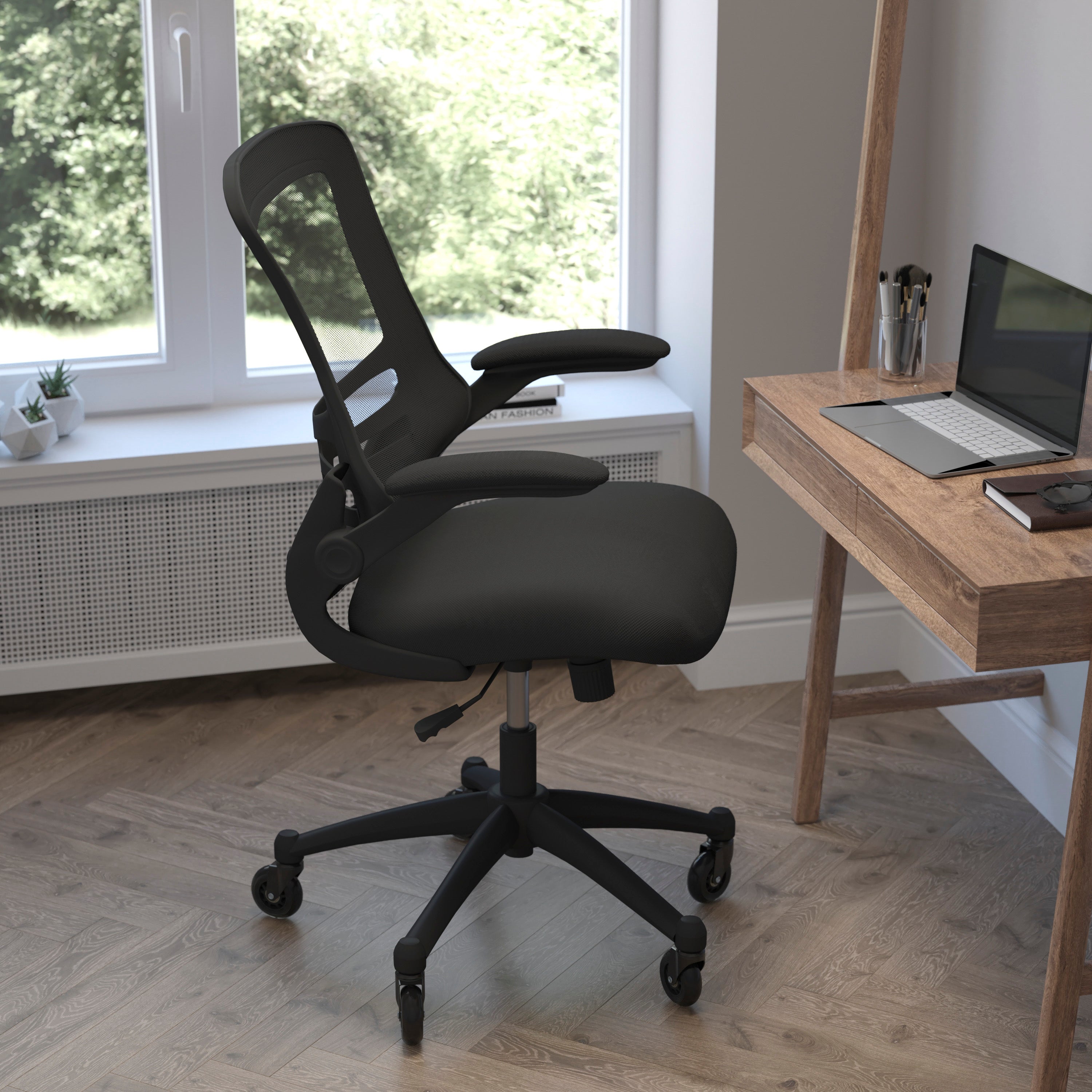 Kelista Mid-Back Swivel Ergonomic Task Office Chair with Flip-Up Arms and Transparent Roller Wheels