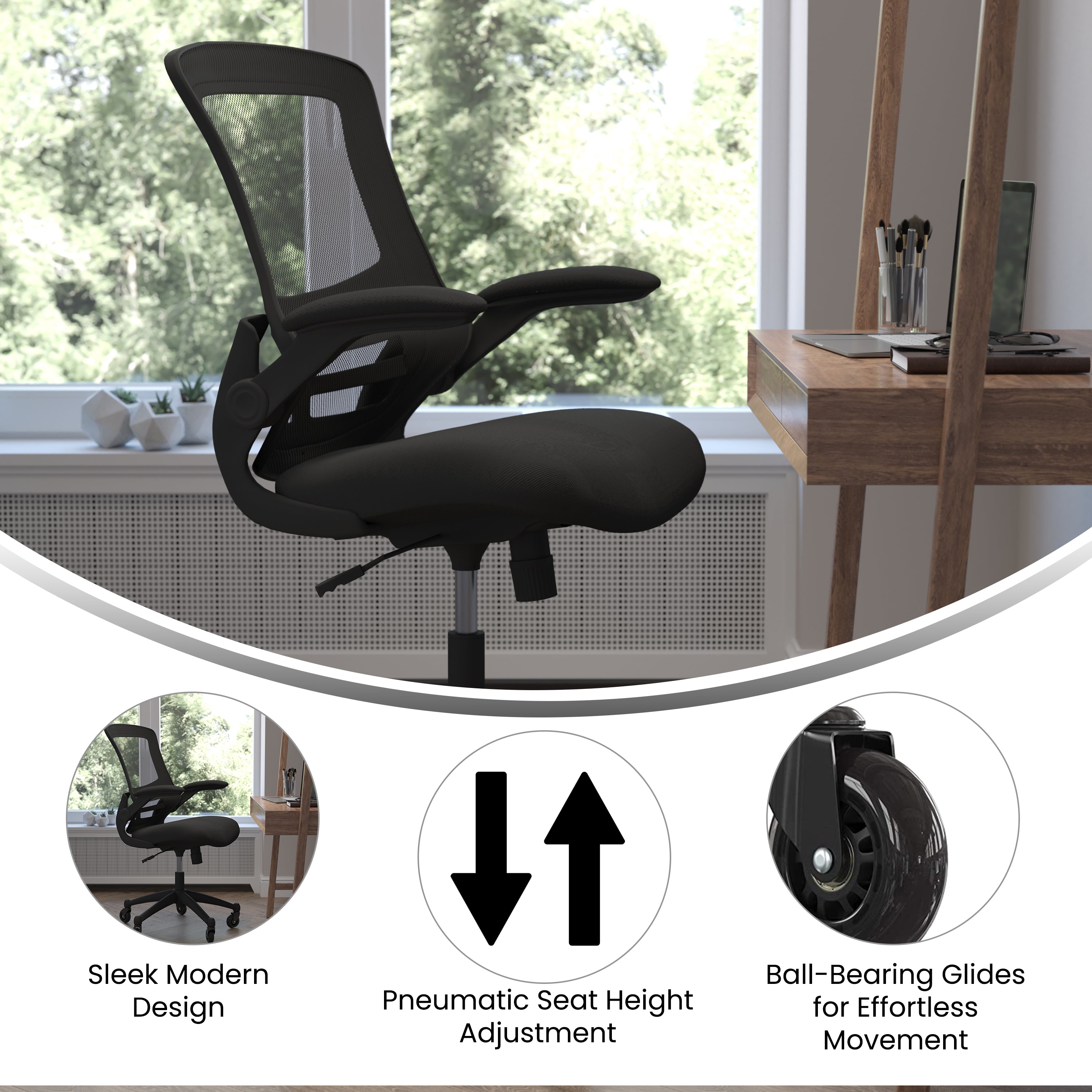 Kelista Mid-Back Swivel Ergonomic Task Office Chair with Flip-Up Arms and Transparent Roller Wheels