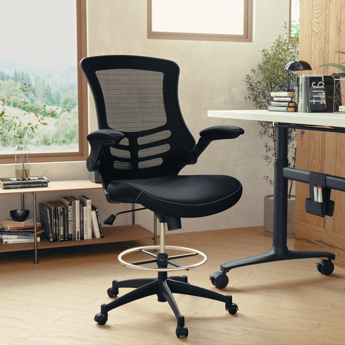 Mid-Back Mesh Ergonomic Drafting Chair with Adjustable Foot Ring and Flip-Up Arms
