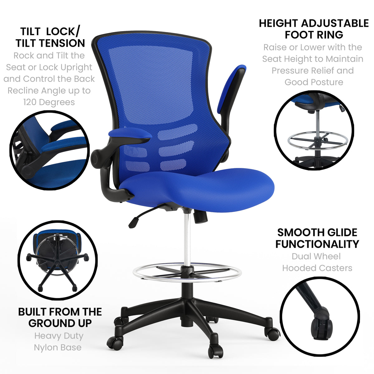Mid-Back Mesh Ergonomic Drafting Chair with Adjustable Foot Ring and Flip-Up Arms