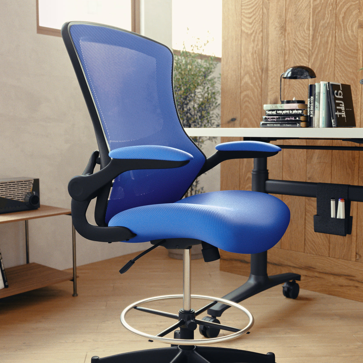 Mid-Back Mesh Ergonomic Drafting Chair with Adjustable Foot Ring and Flip-Up Arms