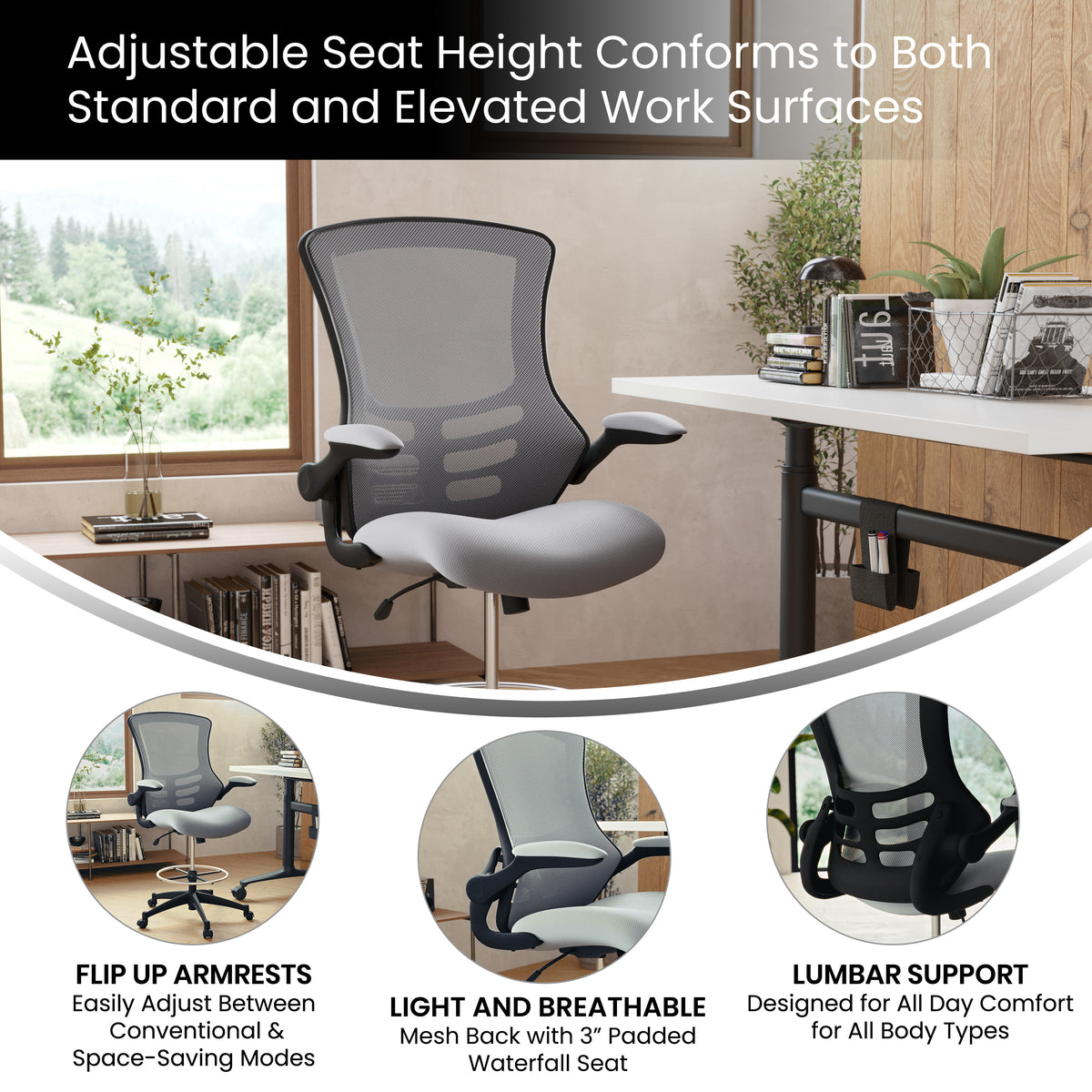 Mid-Back Mesh Ergonomic Drafting Chair with Adjustable Foot Ring and Flip-Up Arms