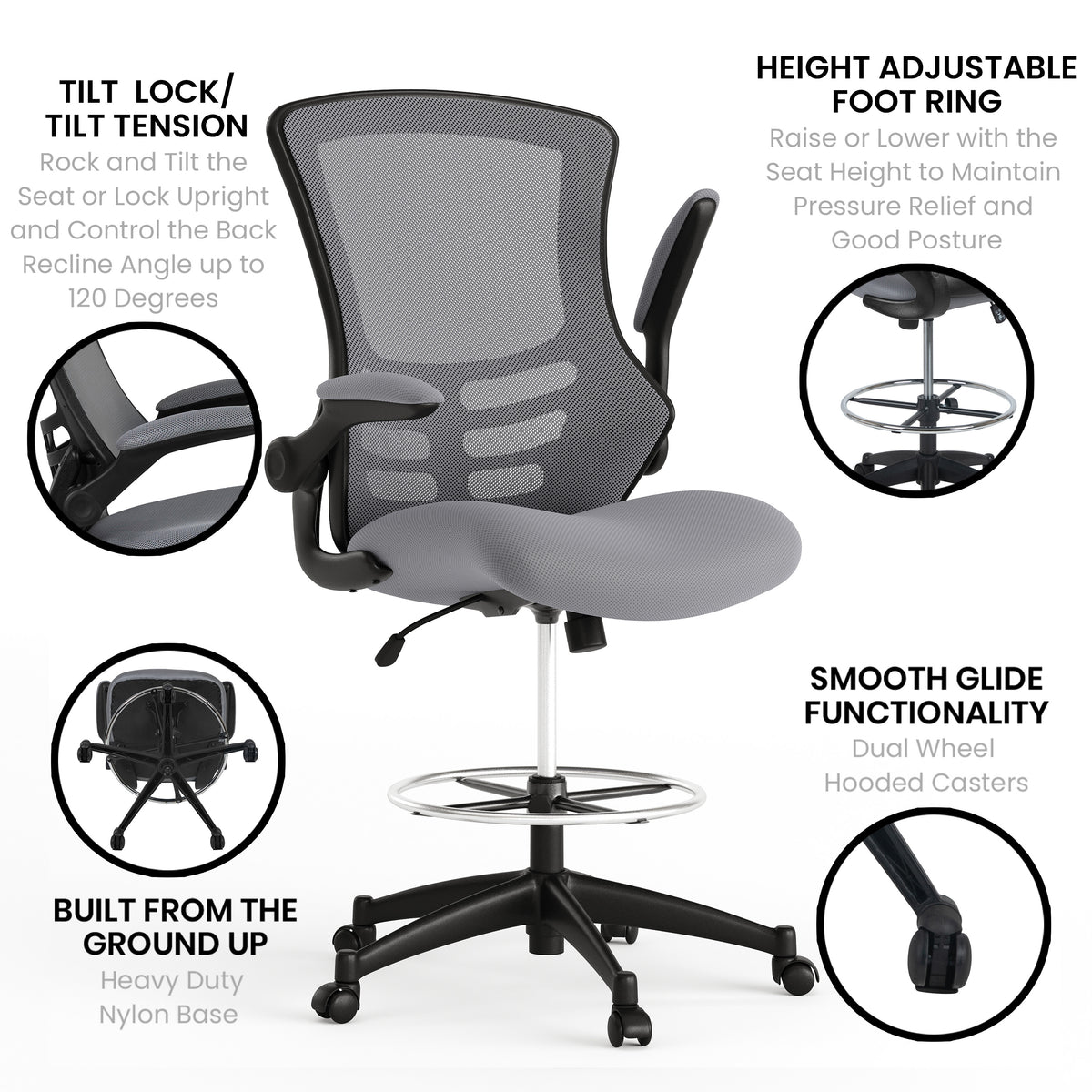 Mid-Back Mesh Ergonomic Drafting Chair with Adjustable Foot Ring and Flip-Up Arms