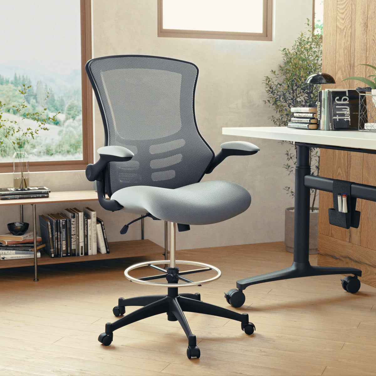 Mid-Back Mesh Ergonomic Drafting Chair with Adjustable Foot Ring and Flip-Up Arms