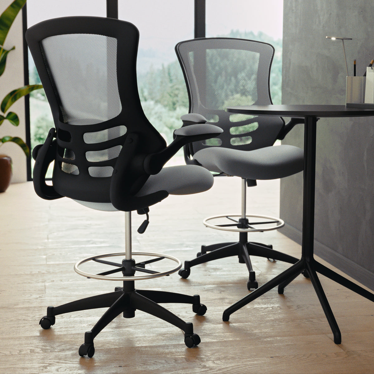 Mid-Back Mesh Ergonomic Drafting Chair with Adjustable Foot Ring and Flip-Up Arms