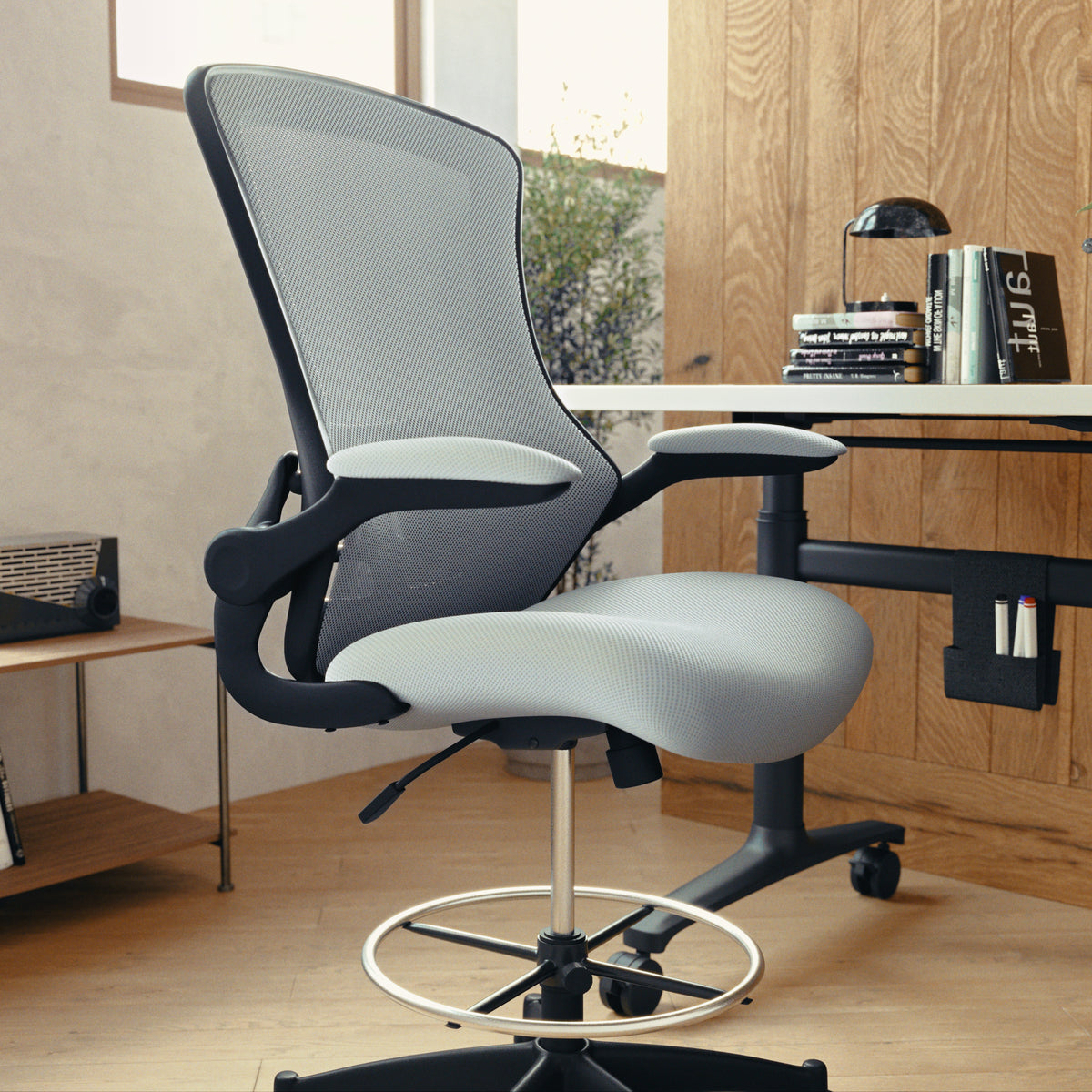 Mid-Back Mesh Ergonomic Drafting Chair with Adjustable Foot Ring and Flip-Up Arms