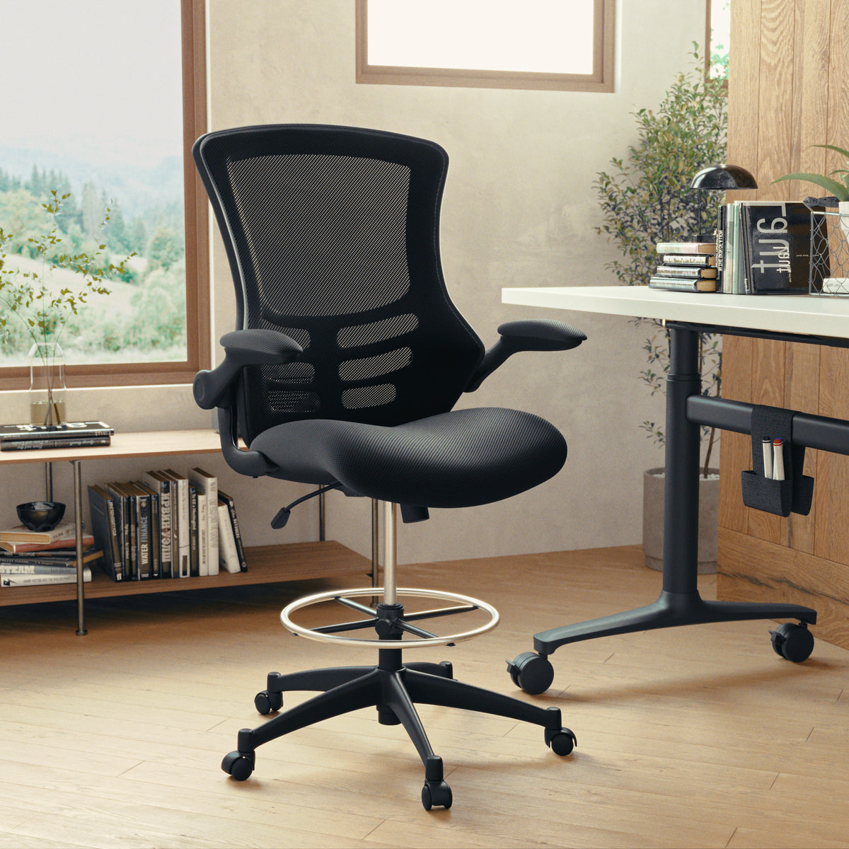 Mid-Back Mesh Ergonomic Drafting Chair with Adjustable Foot Ring and Flip-Up Arms