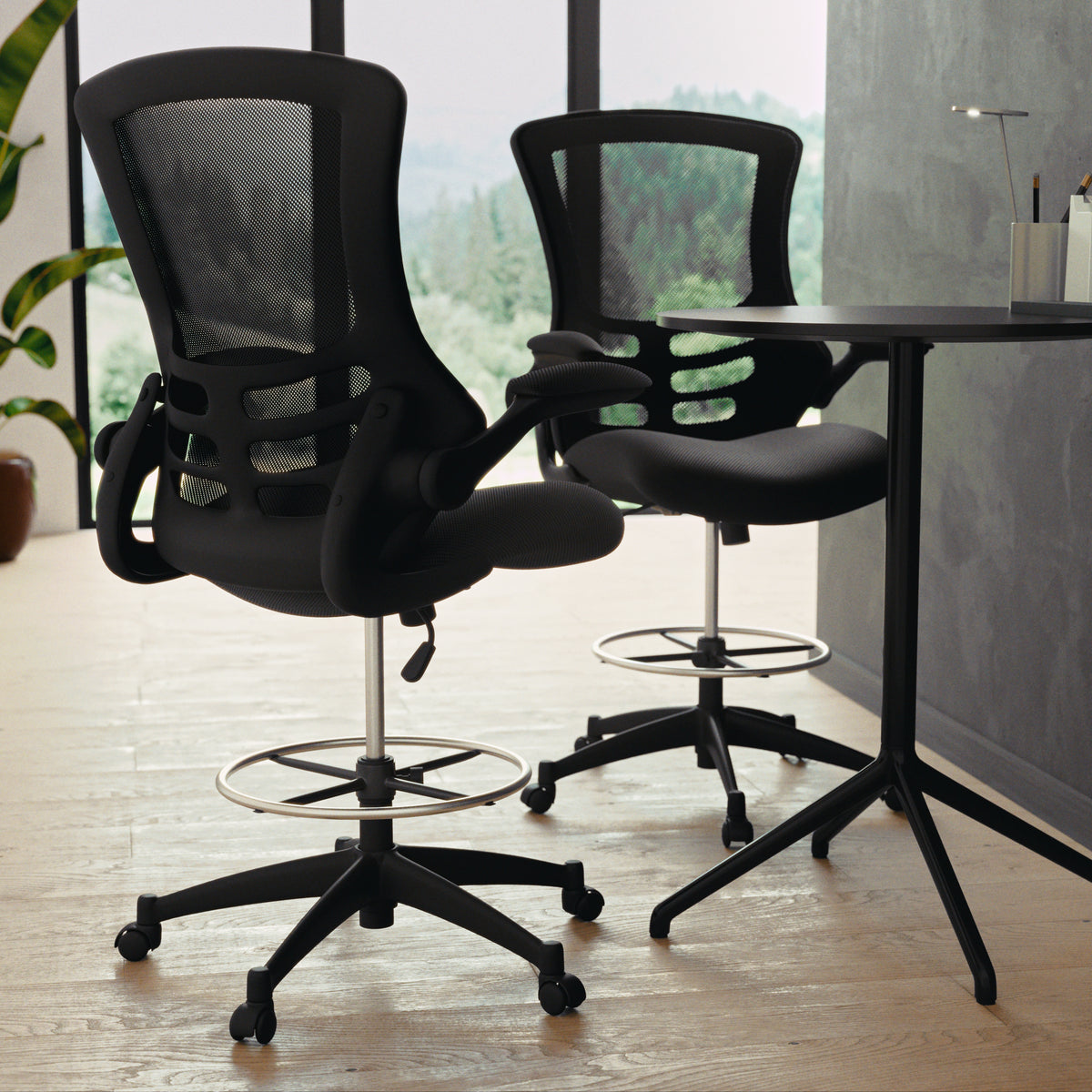 Mid-Back Mesh Ergonomic Drafting Chair with Adjustable Foot Ring and Flip-Up Arms