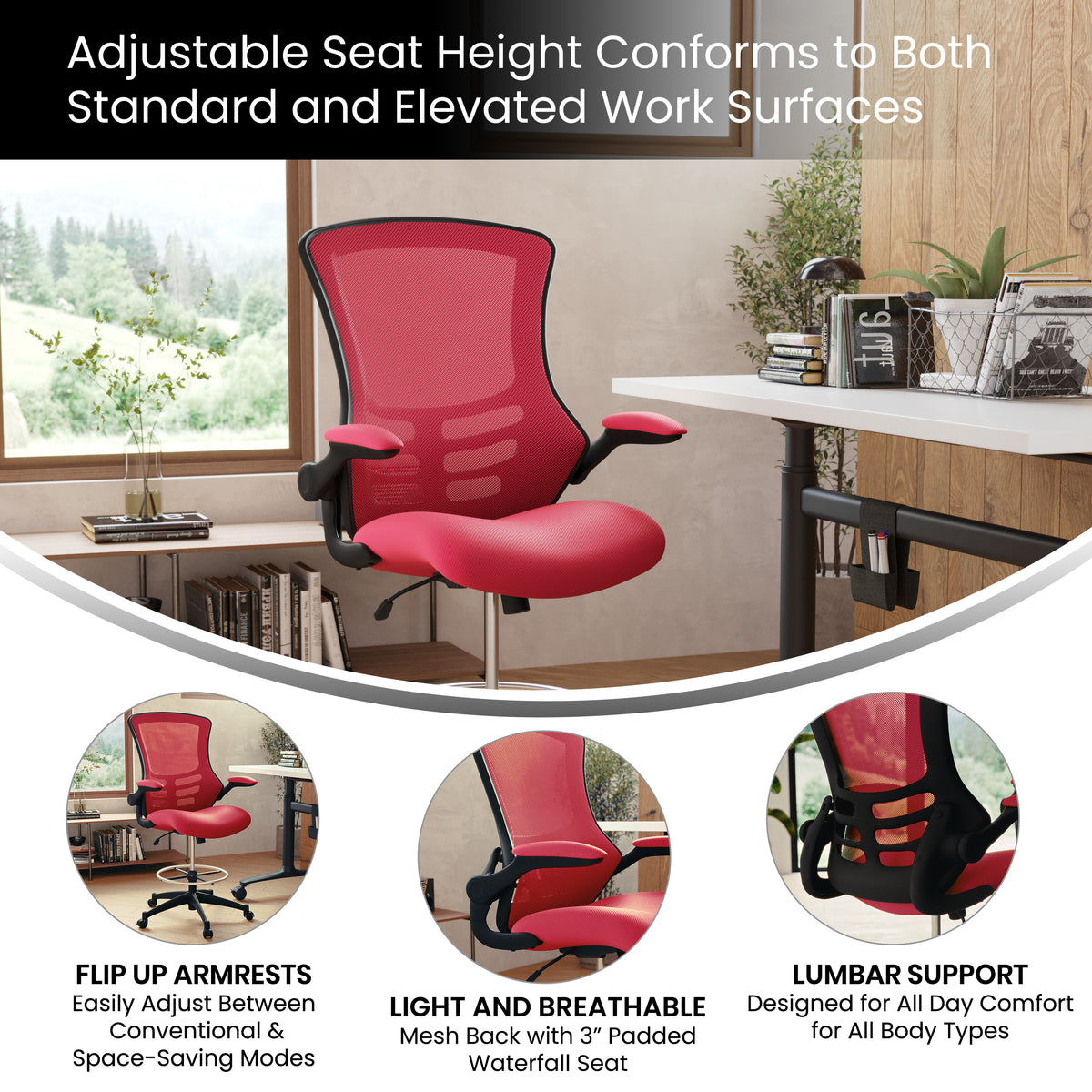 Mid-Back Mesh Ergonomic Drafting Chair with Adjustable Foot Ring and Flip-Up Arms