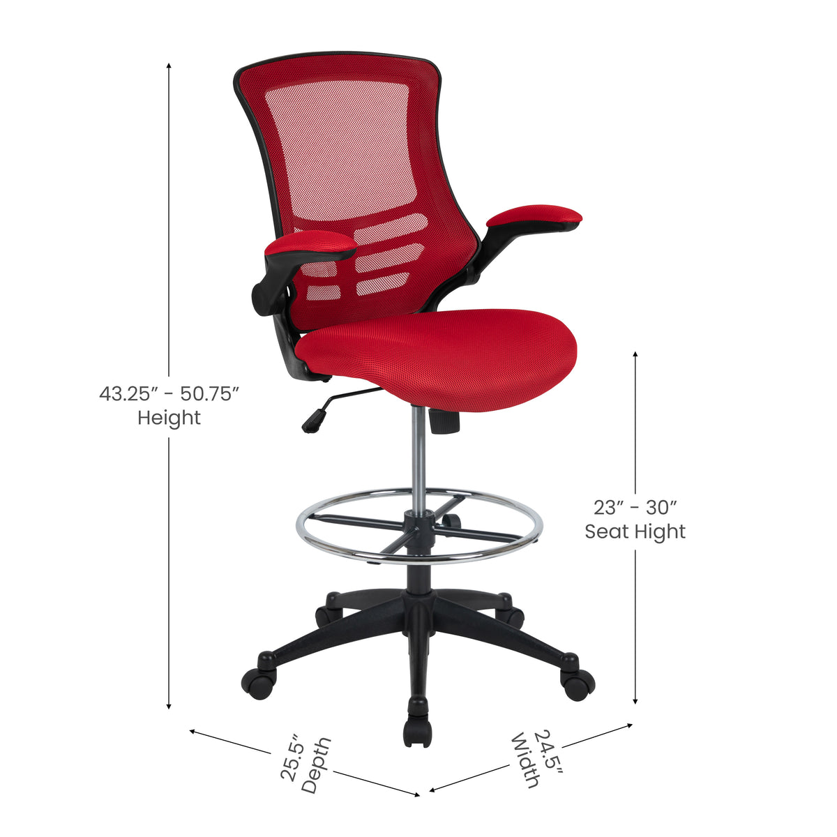 Mid-Back Mesh Ergonomic Drafting Chair with Adjustable Foot Ring and Flip-Up Arms