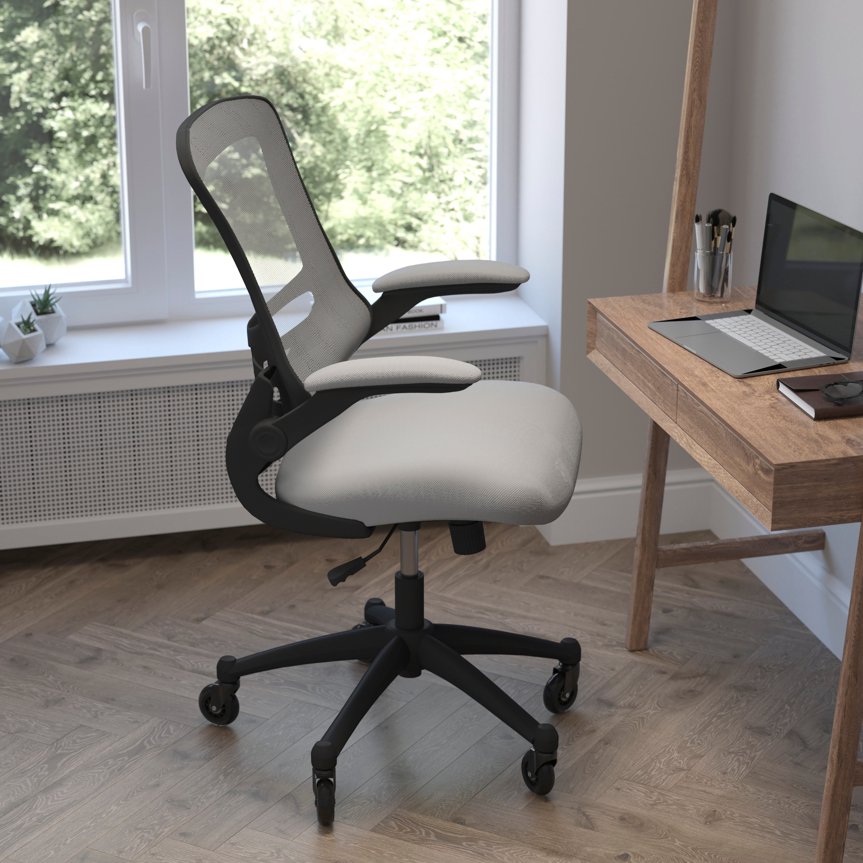 Kelista Mid-Back Swivel Ergonomic Task Office Chair with Flip-Up Arms and Transparent Roller Wheels