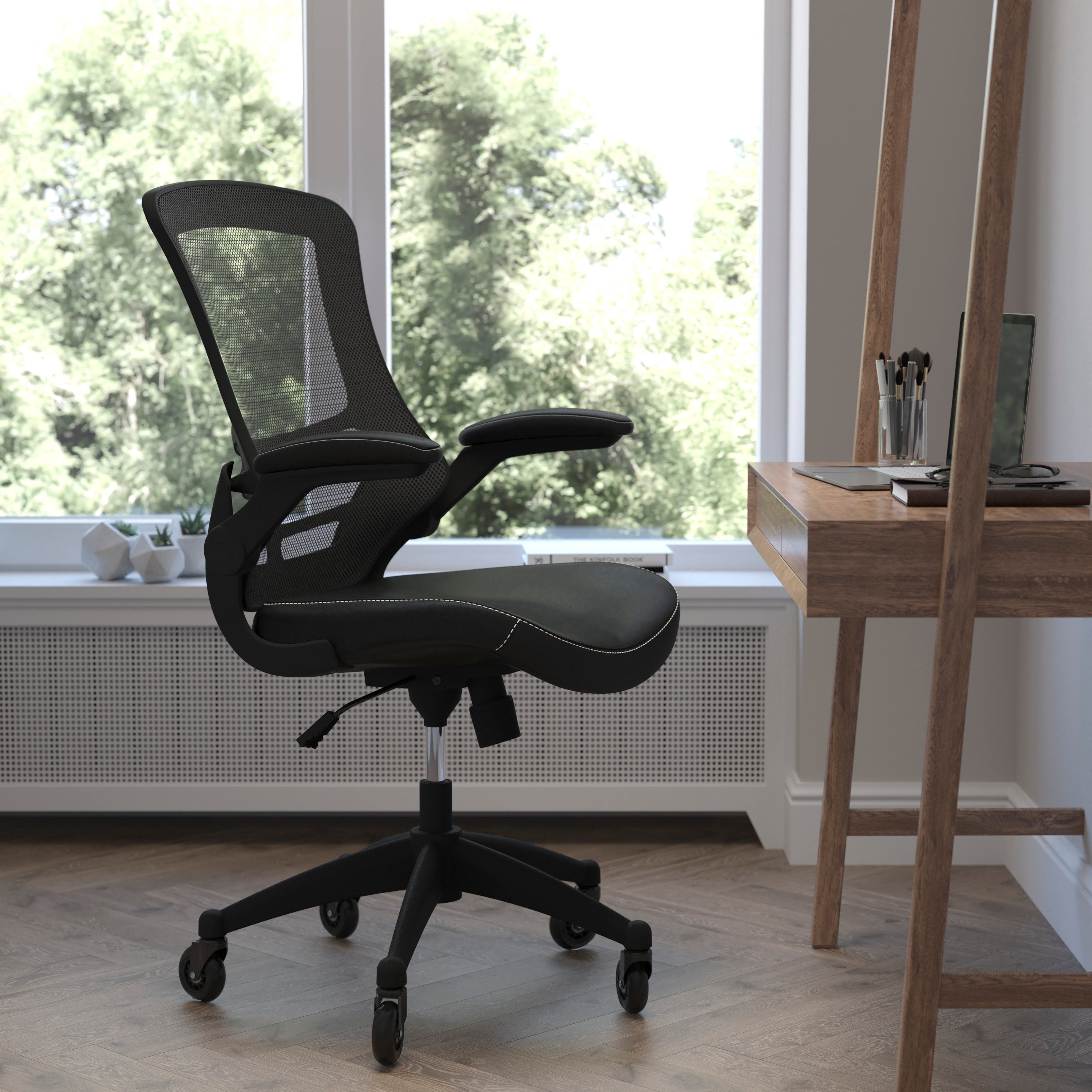 Kelista Mid-Back Swivel Ergonomic Task Office Chair with Flip-Up Arms and Transparent Roller Wheels