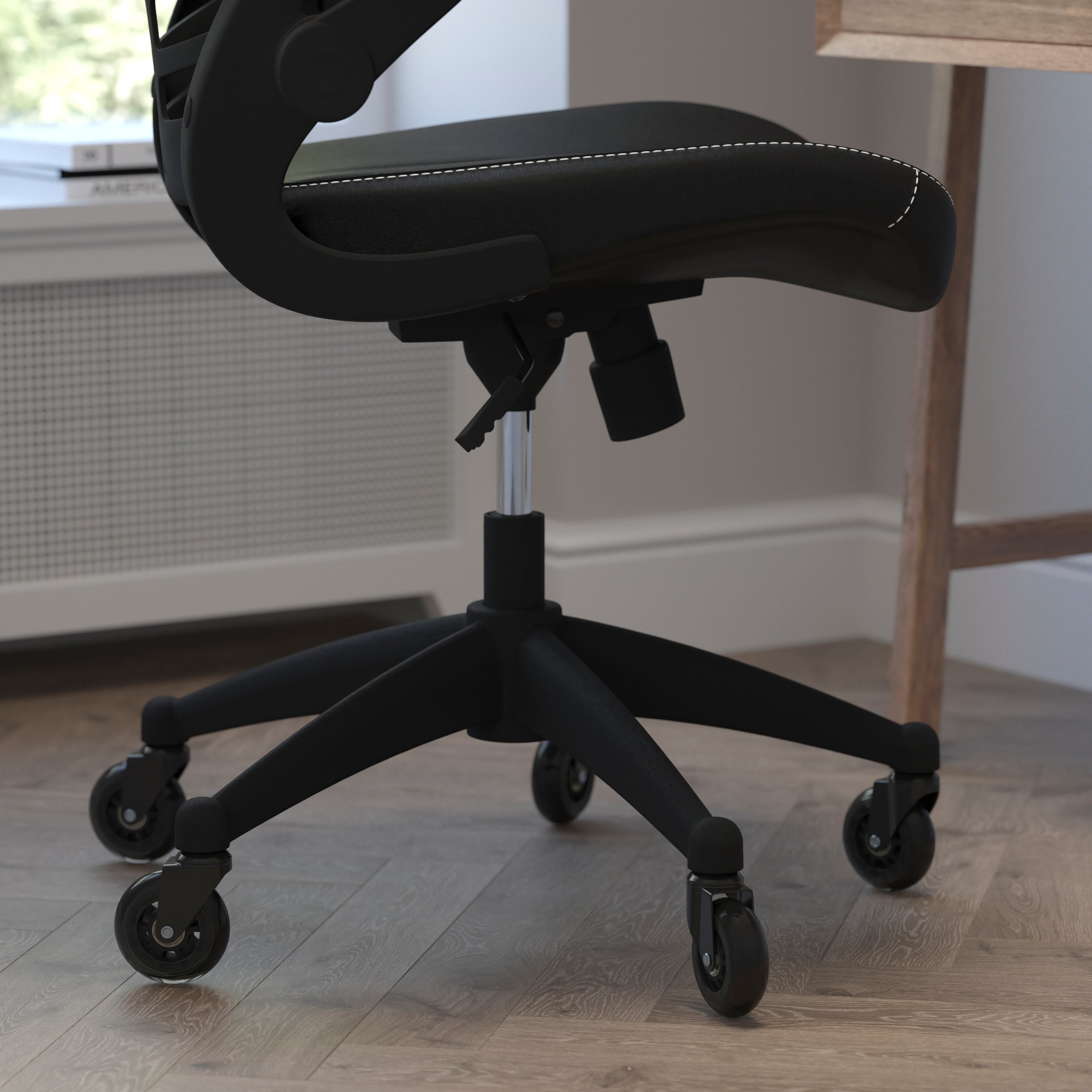 Kelista Mid-Back Swivel Ergonomic Task Office Chair with Flip-Up Arms and Transparent Roller Wheels