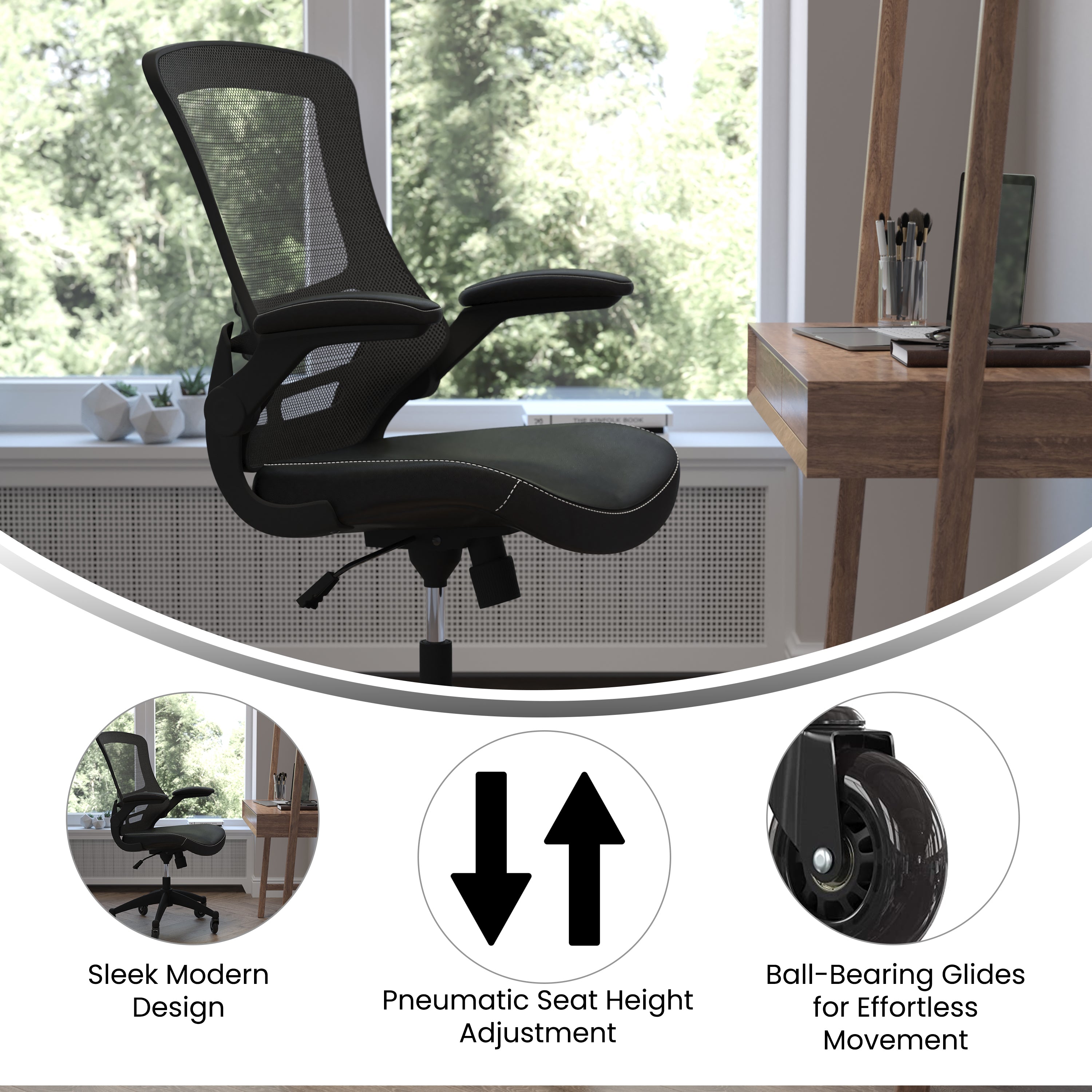 Kelista Mid-Back Swivel Ergonomic Task Office Chair with Flip-Up Arms and Transparent Roller Wheels