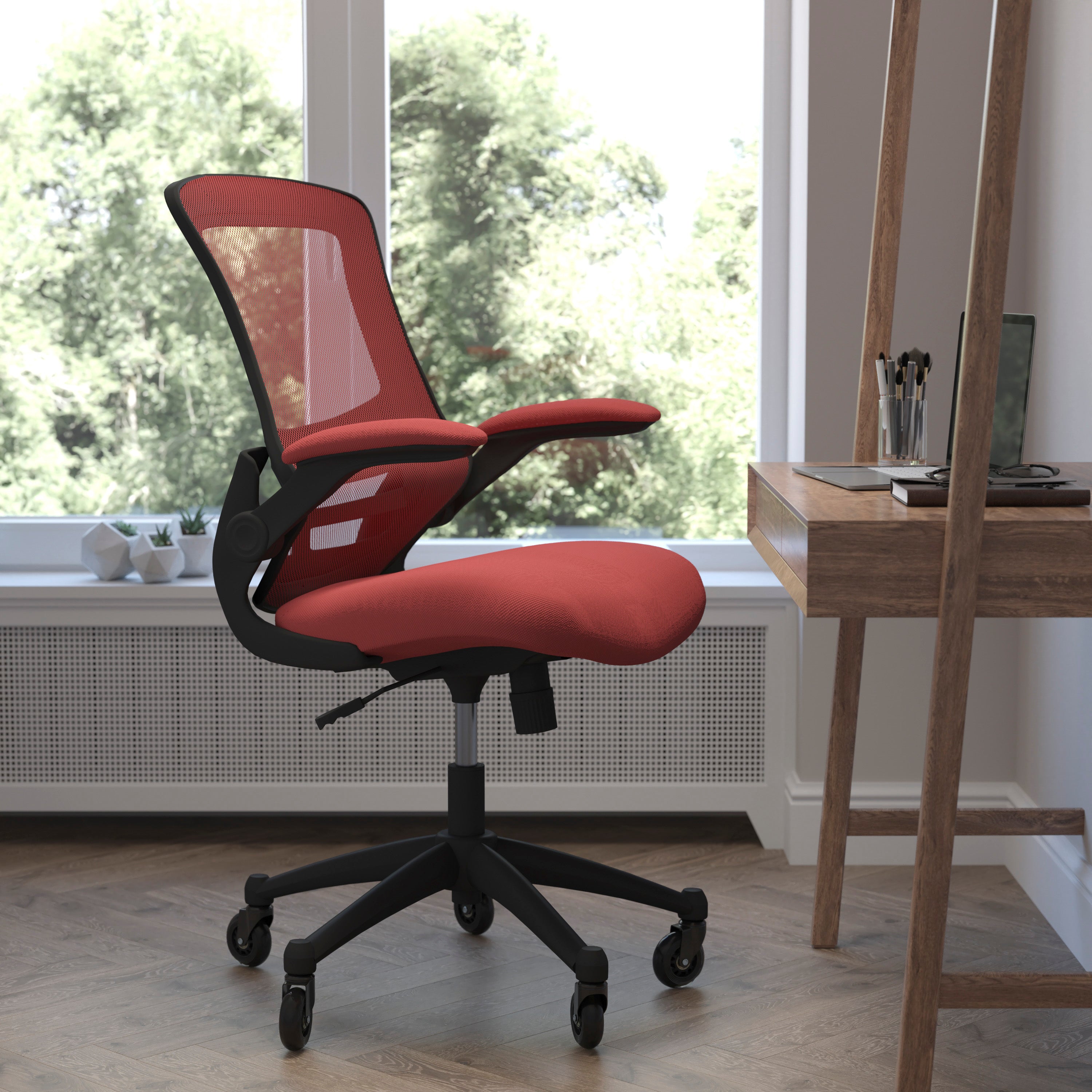 Kelista Mid-Back Swivel Ergonomic Task Office Chair with Flip-Up Arms and Transparent Roller Wheels