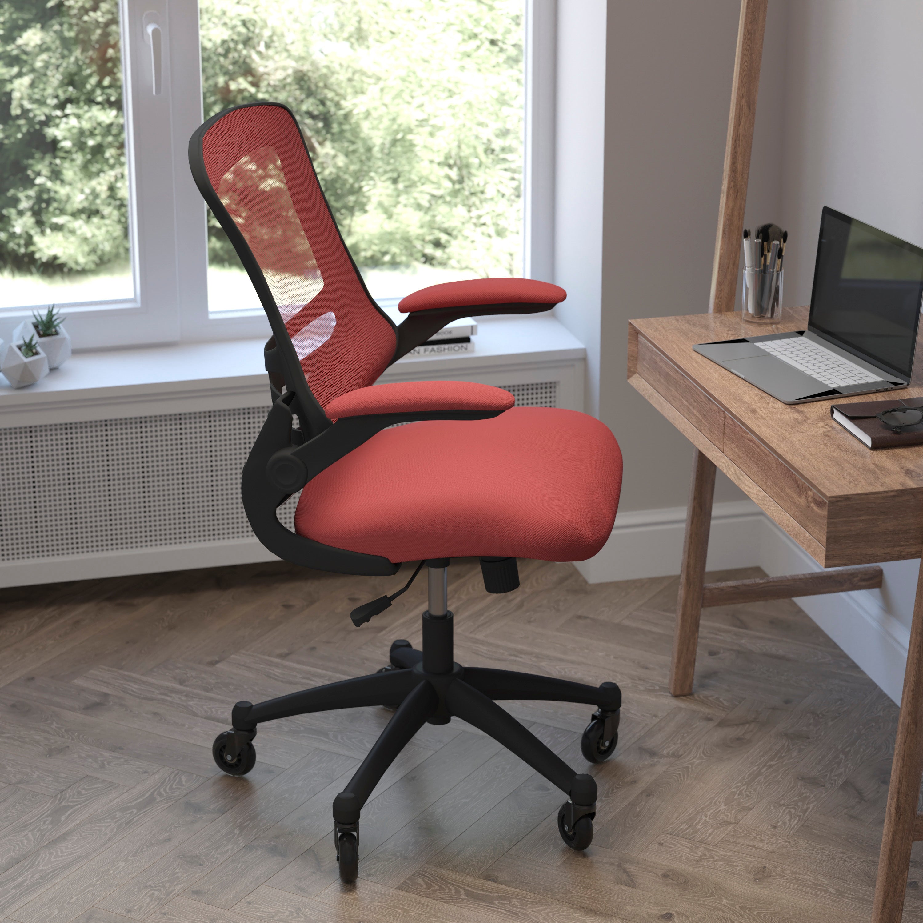 Kelista Mid-Back Swivel Ergonomic Task Office Chair with Flip-Up Arms and Transparent Roller Wheels