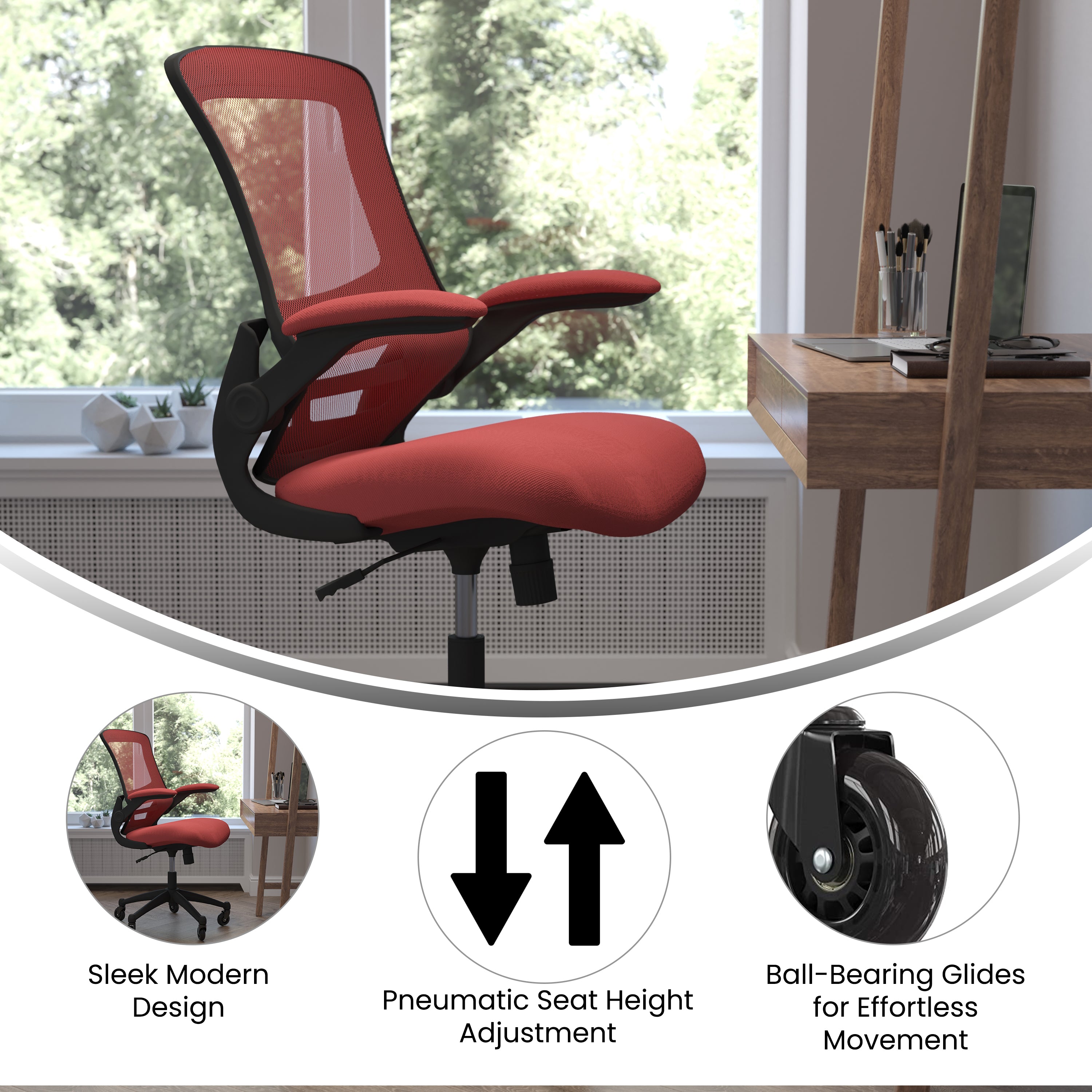 Kelista Mid-Back Swivel Ergonomic Task Office Chair with Flip-Up Arms and Transparent Roller Wheels
