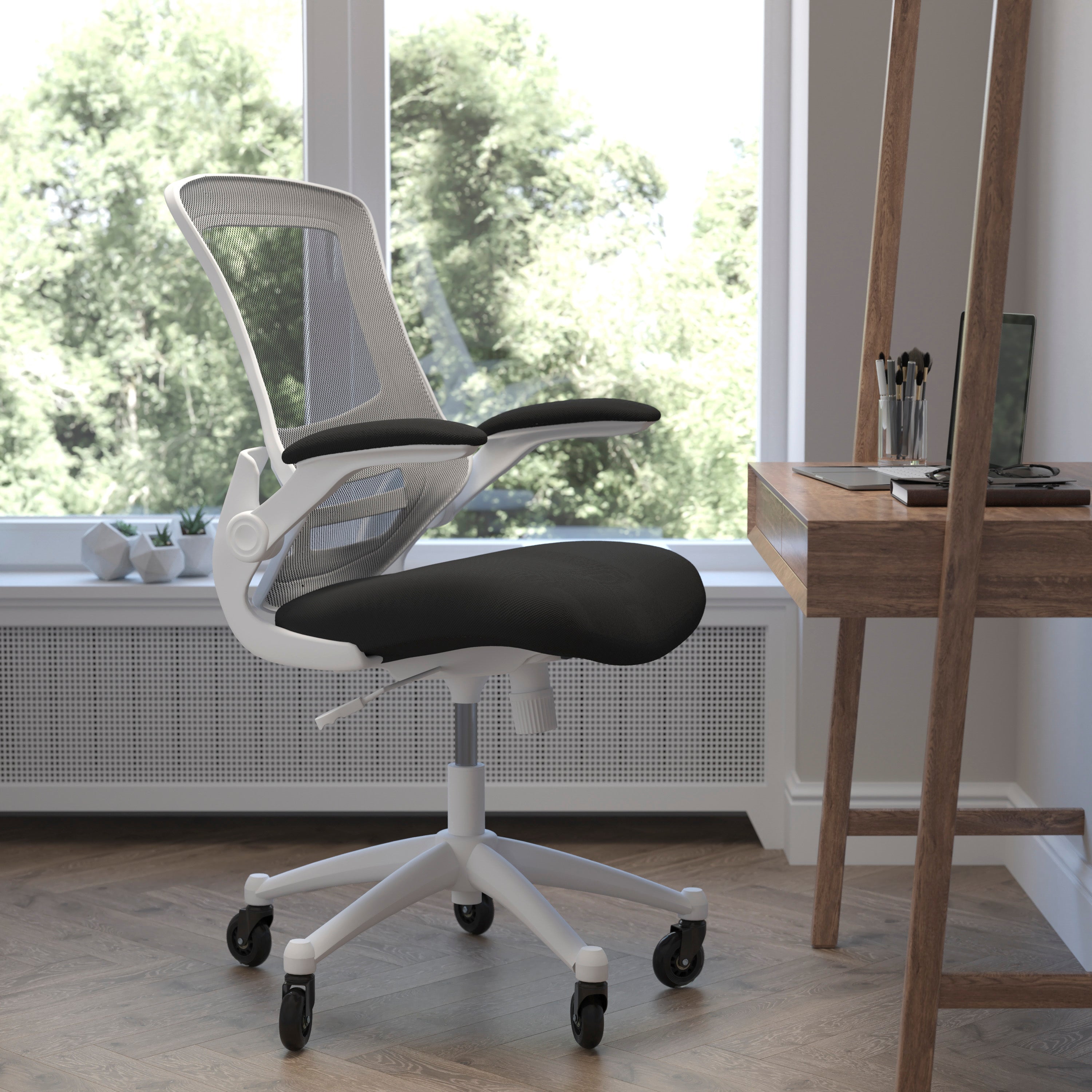 Kelista Mid-Back Swivel Ergonomic Task Office Chair with Flip-Up Arms and Transparent Roller Wheels