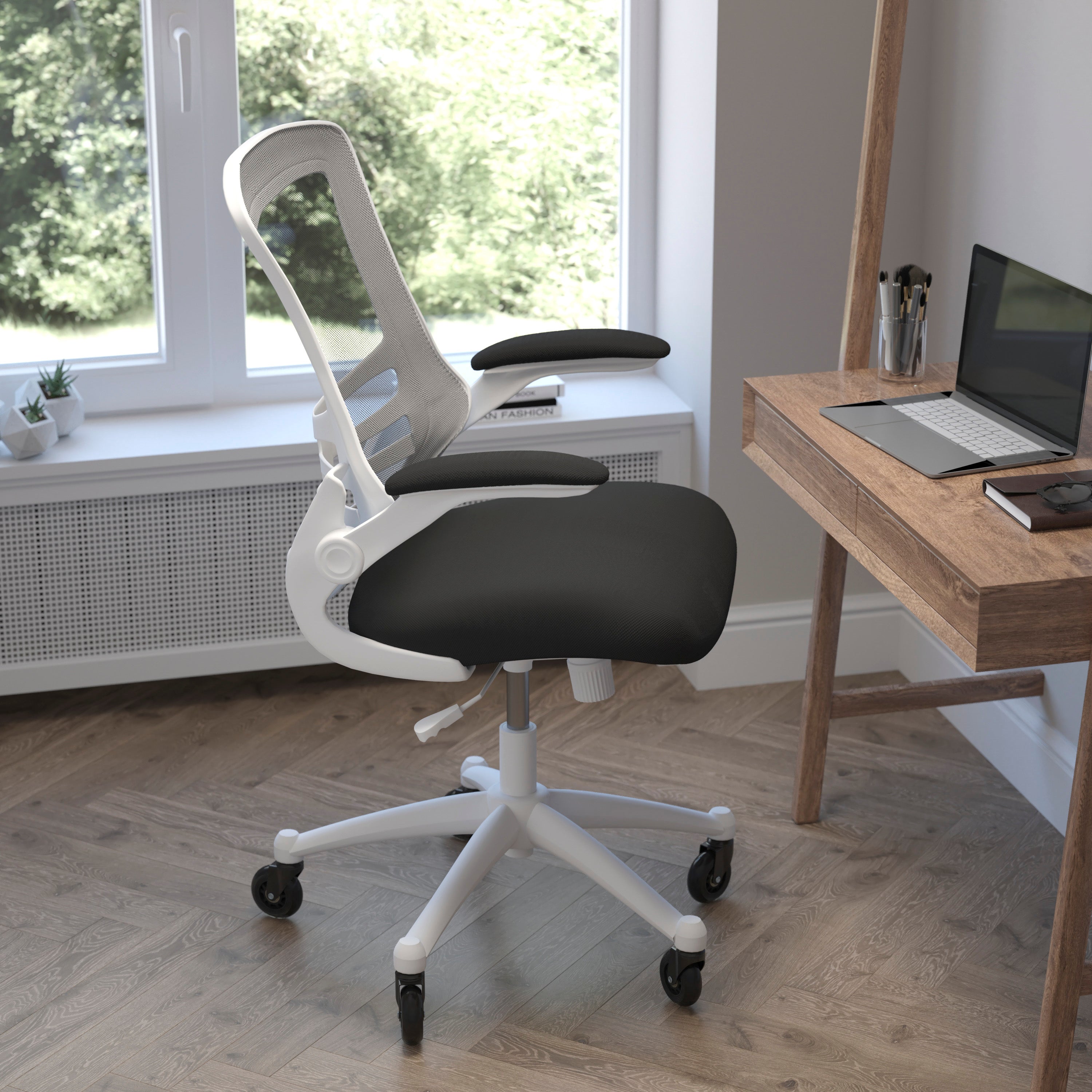 Kelista Mid-Back Swivel Ergonomic Task Office Chair with Flip-Up Arms and Transparent Roller Wheels