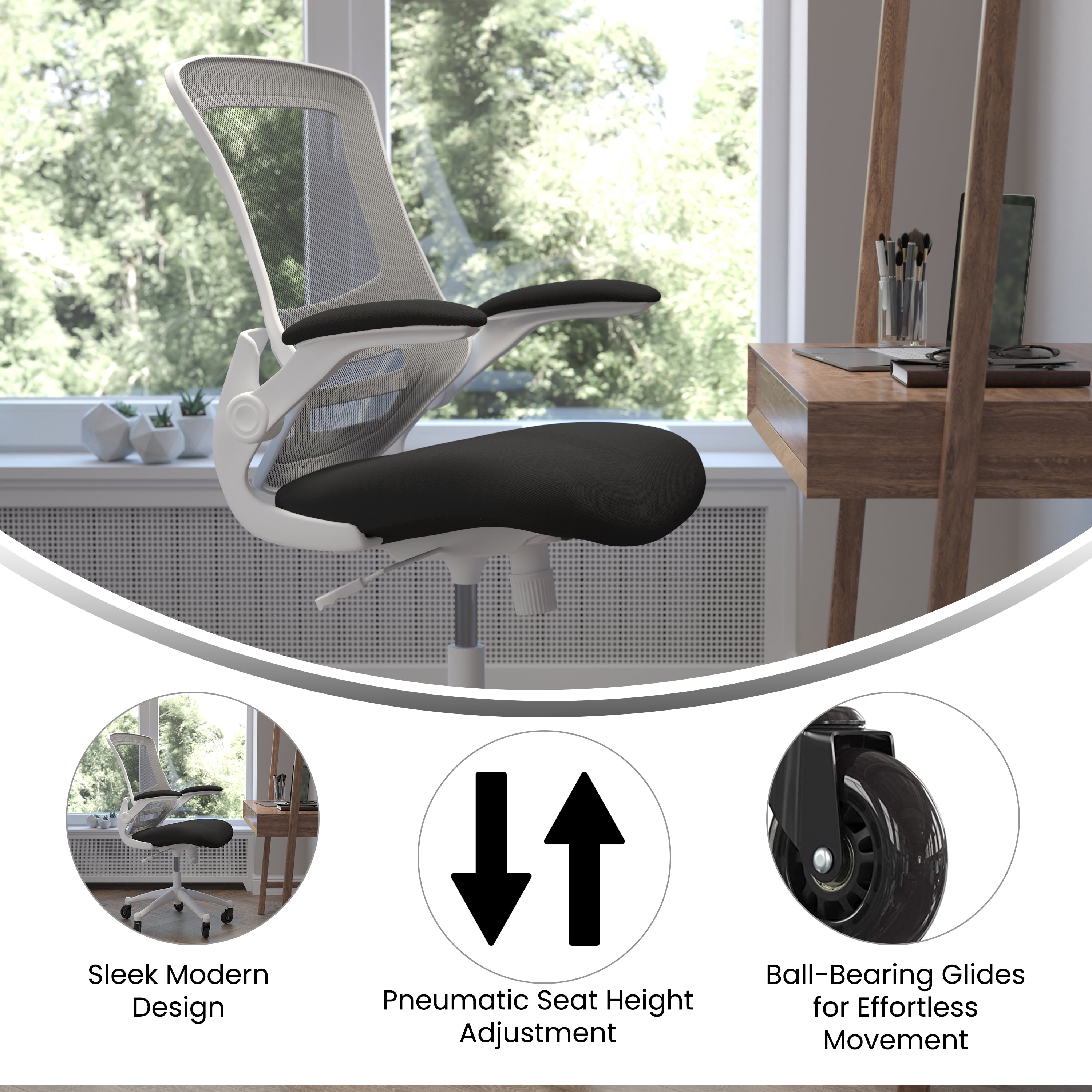 Kelista Mid-Back Swivel Ergonomic Task Office Chair with Flip-Up Arms and Transparent Roller Wheels