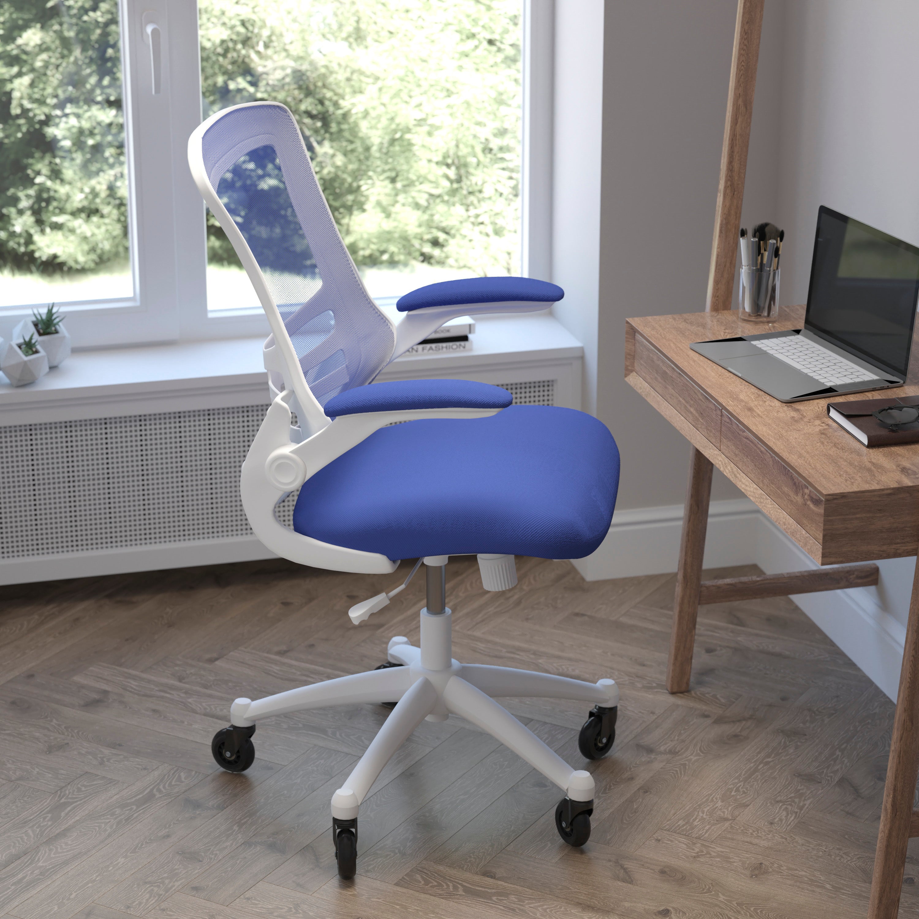 Kelista Mid-Back Swivel Ergonomic Task Office Chair with Flip-Up Arms and Transparent Roller Wheels