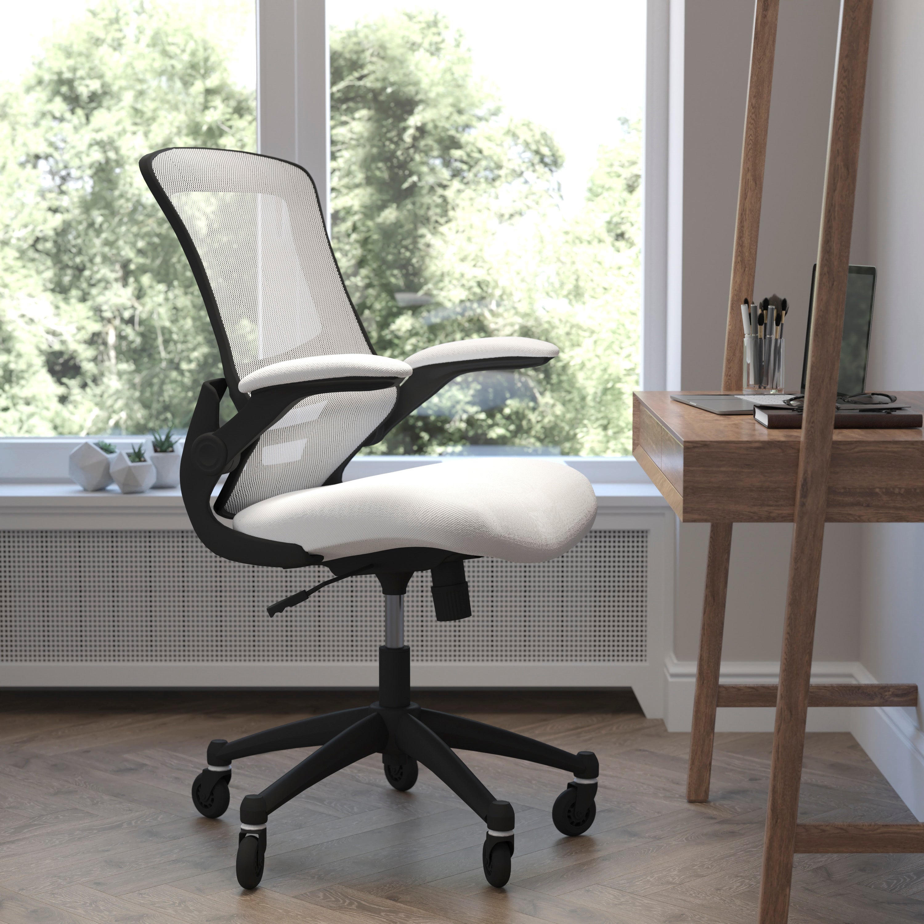 Kelista Mid-Back Swivel Ergonomic Task Office Chair with Flip-Up Arms and Transparent Roller Wheels
