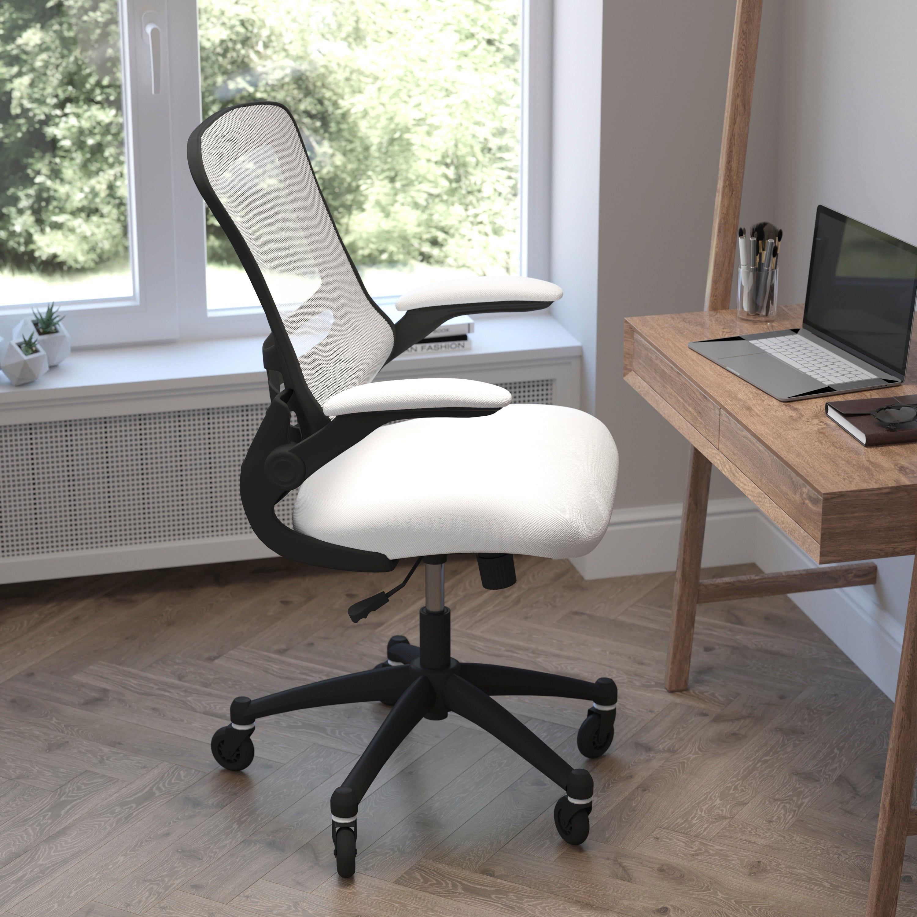 Kelista Mid-Back Swivel Ergonomic Task Office Chair with Flip-Up Arms and Transparent Roller Wheels