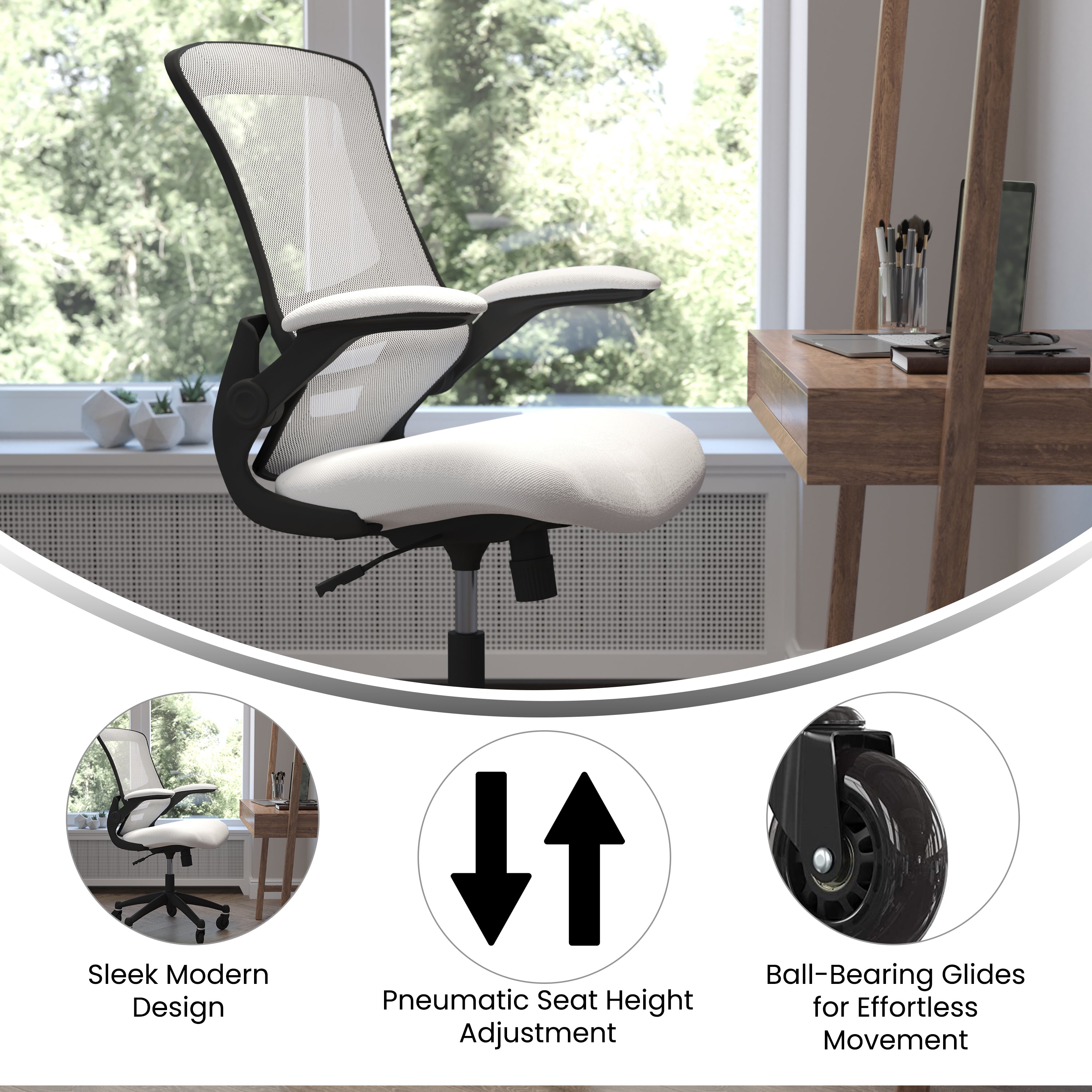 Kelista Mid-Back Swivel Ergonomic Task Office Chair with Flip-Up Arms and Transparent Roller Wheels