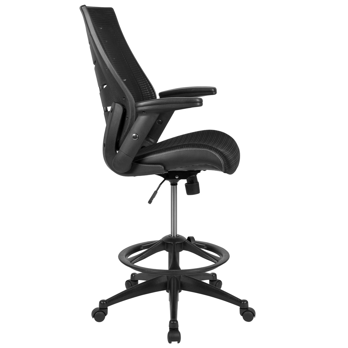 High Back Mesh Spine-Back Ergonomic Drafting Chair with Adjustable Foot Ring and Adjustable Flip-Up Arms