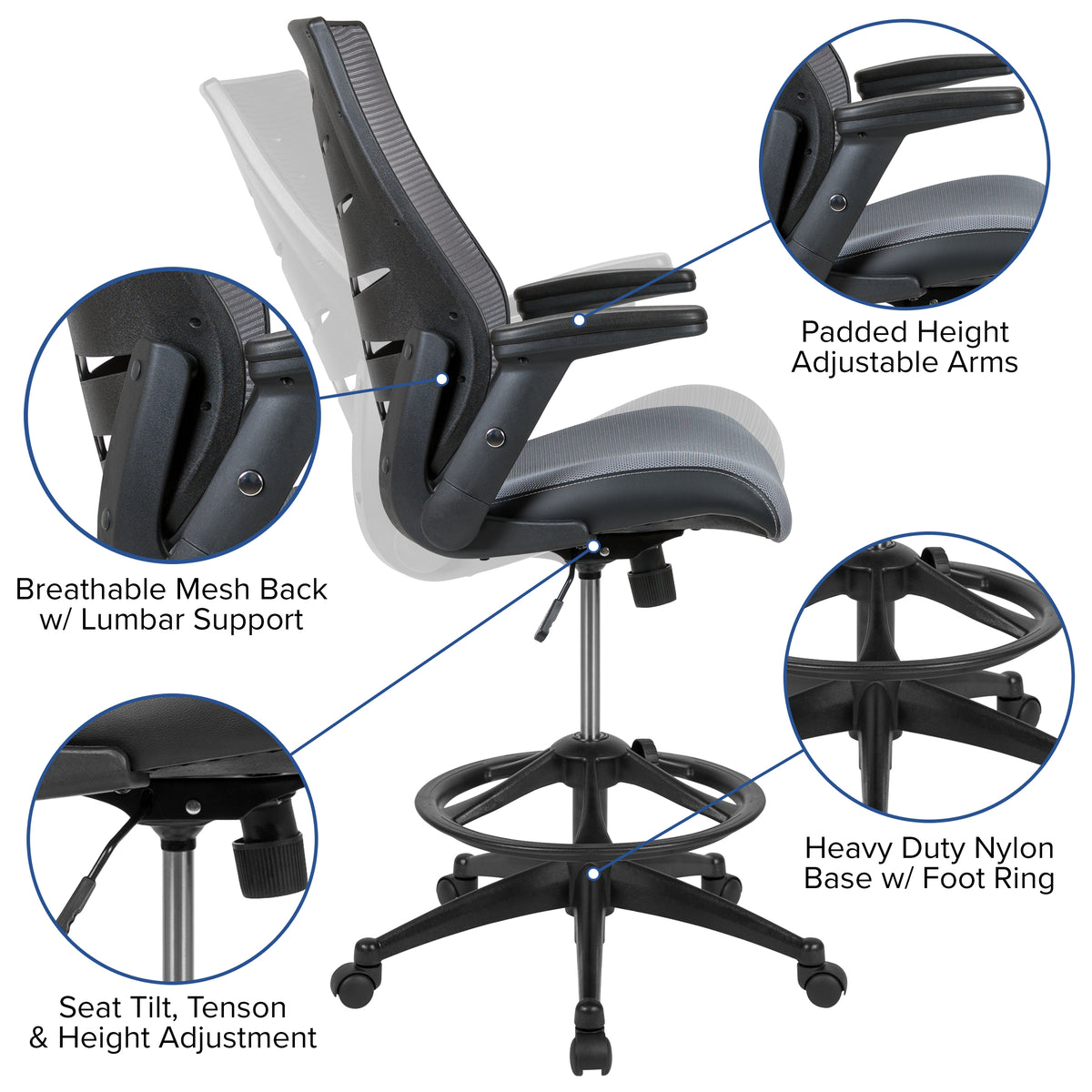 High Back Mesh Spine-Back Ergonomic Drafting Chair with Adjustable Foot Ring and Adjustable Flip-Up Arms