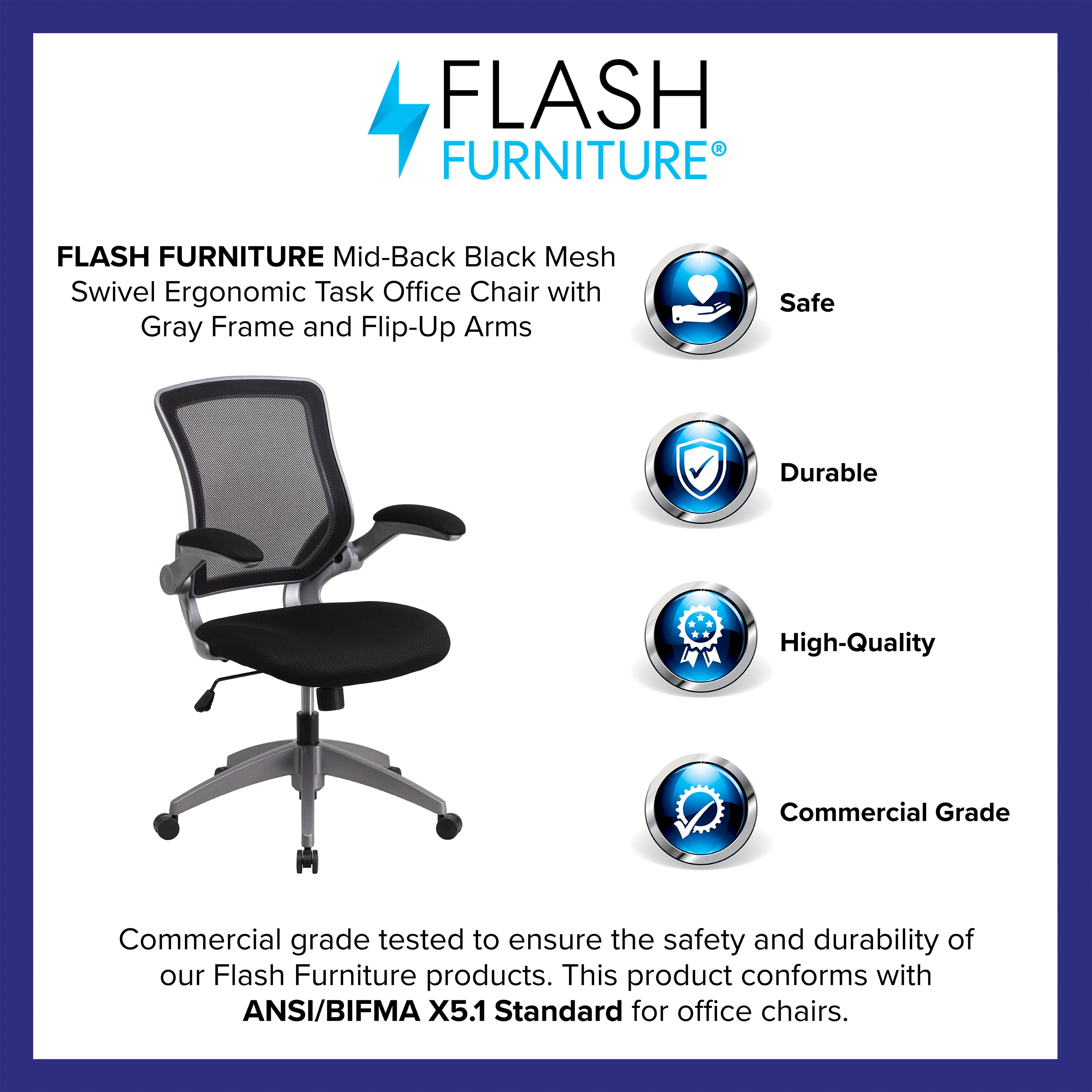 Mid-Back Mesh Swivel Ergonomic Task Office Chair with Gray Frame and Flip-Up Arms
