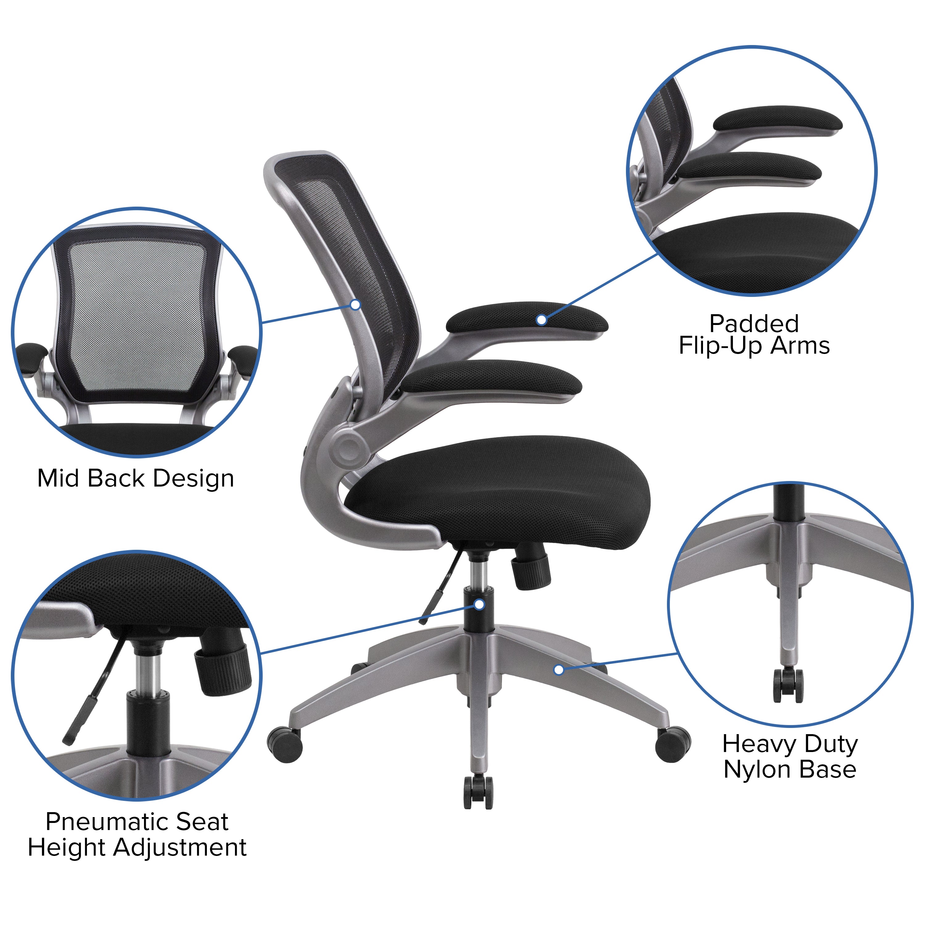 Mid-Back Mesh Swivel Ergonomic Task Office Chair with Gray Frame and Flip-Up Arms