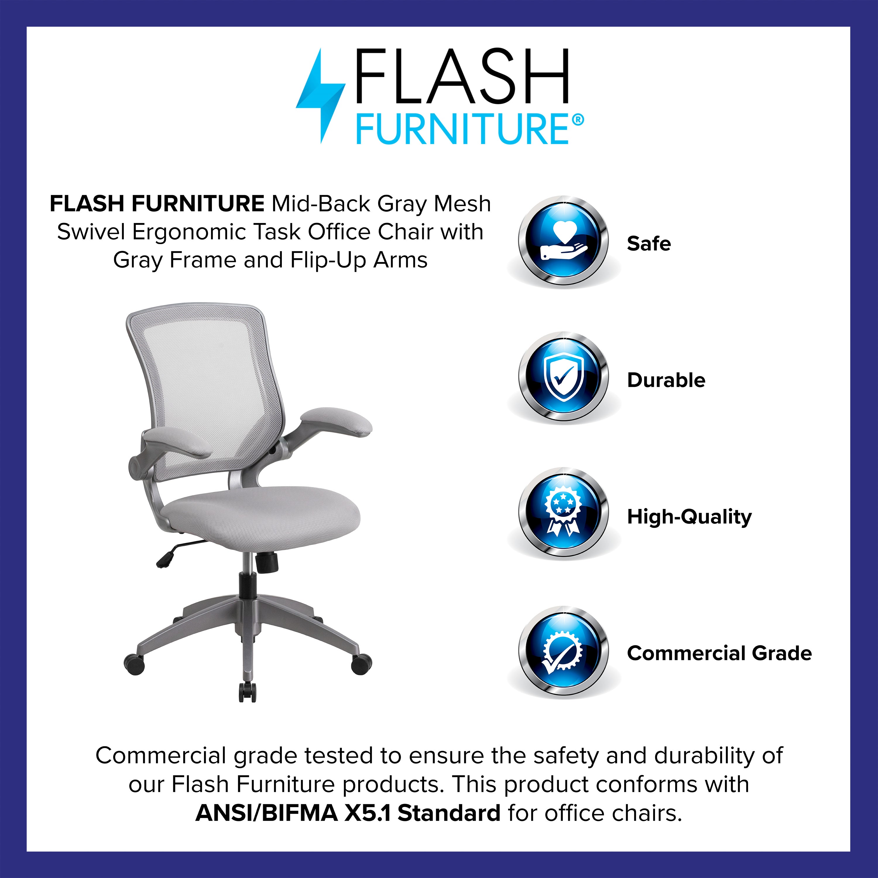 Mid-Back Mesh Swivel Ergonomic Task Office Chair with Gray Frame and Flip-Up Arms