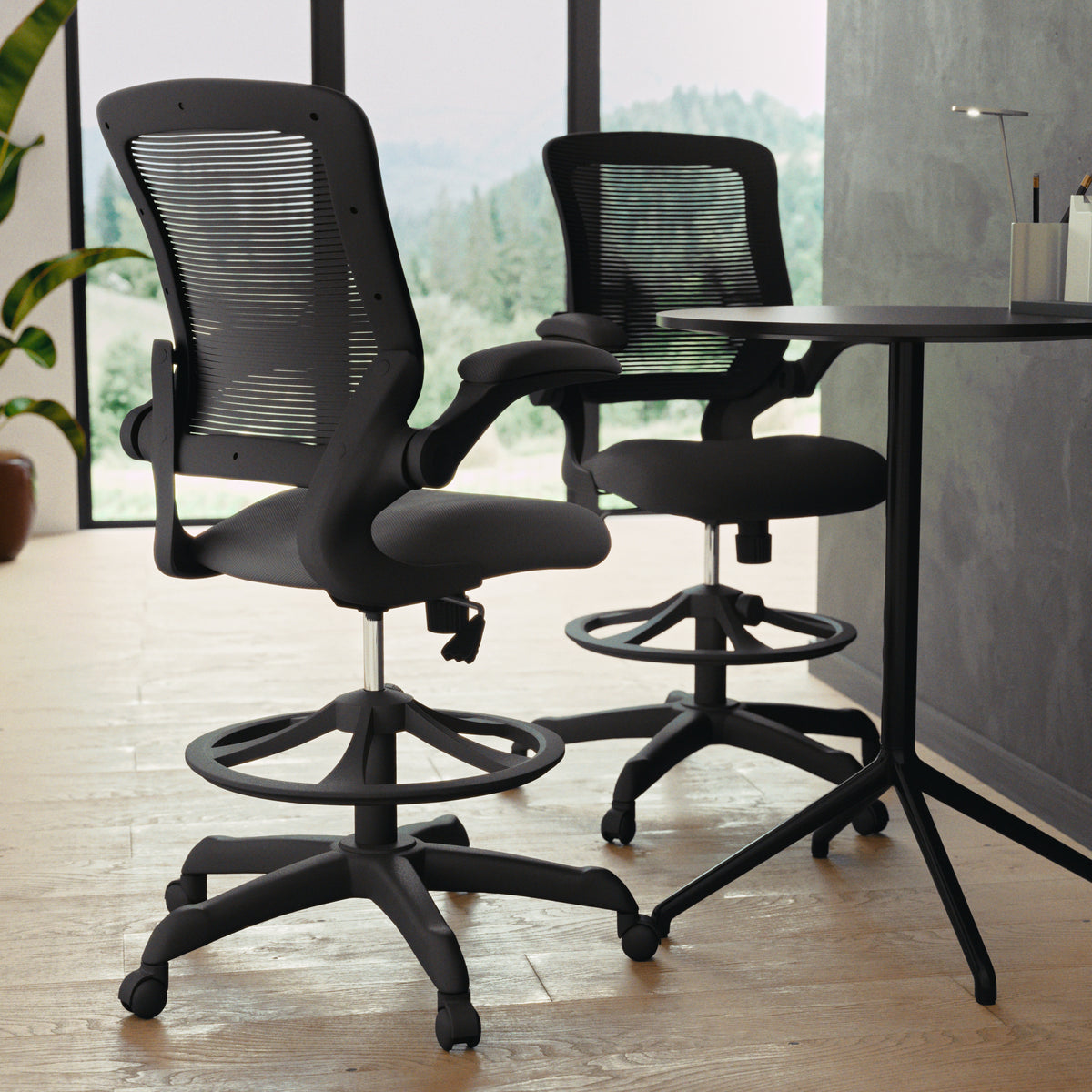 Mid-Back Mesh Ergonomic Drafting Chair with Adjustable Foot Ring and Flip-Up Arms