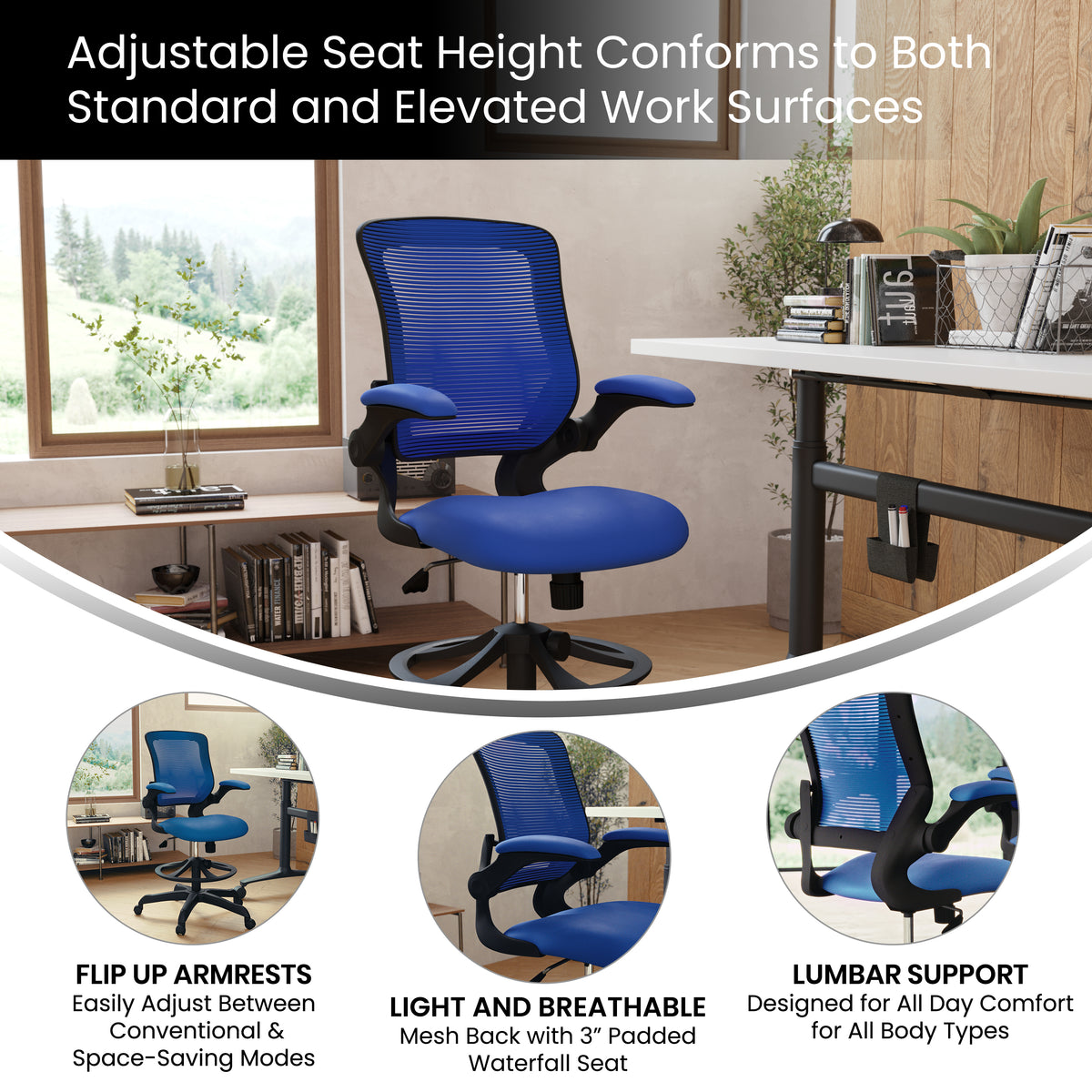 Mid-Back Mesh Ergonomic Drafting Chair with Adjustable Foot Ring and Flip-Up Arms