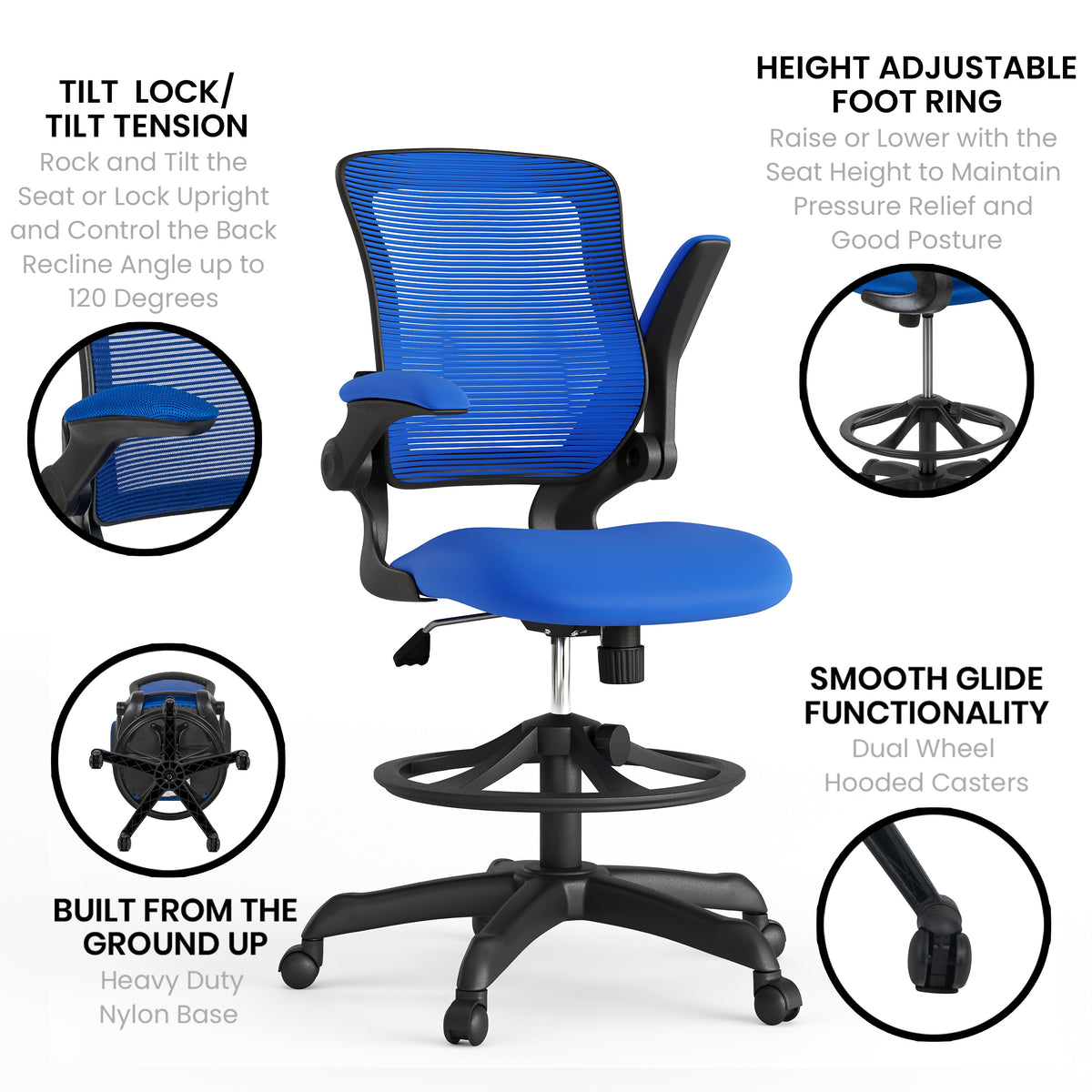 Mid-Back Mesh Ergonomic Drafting Chair with Adjustable Foot Ring and Flip-Up Arms