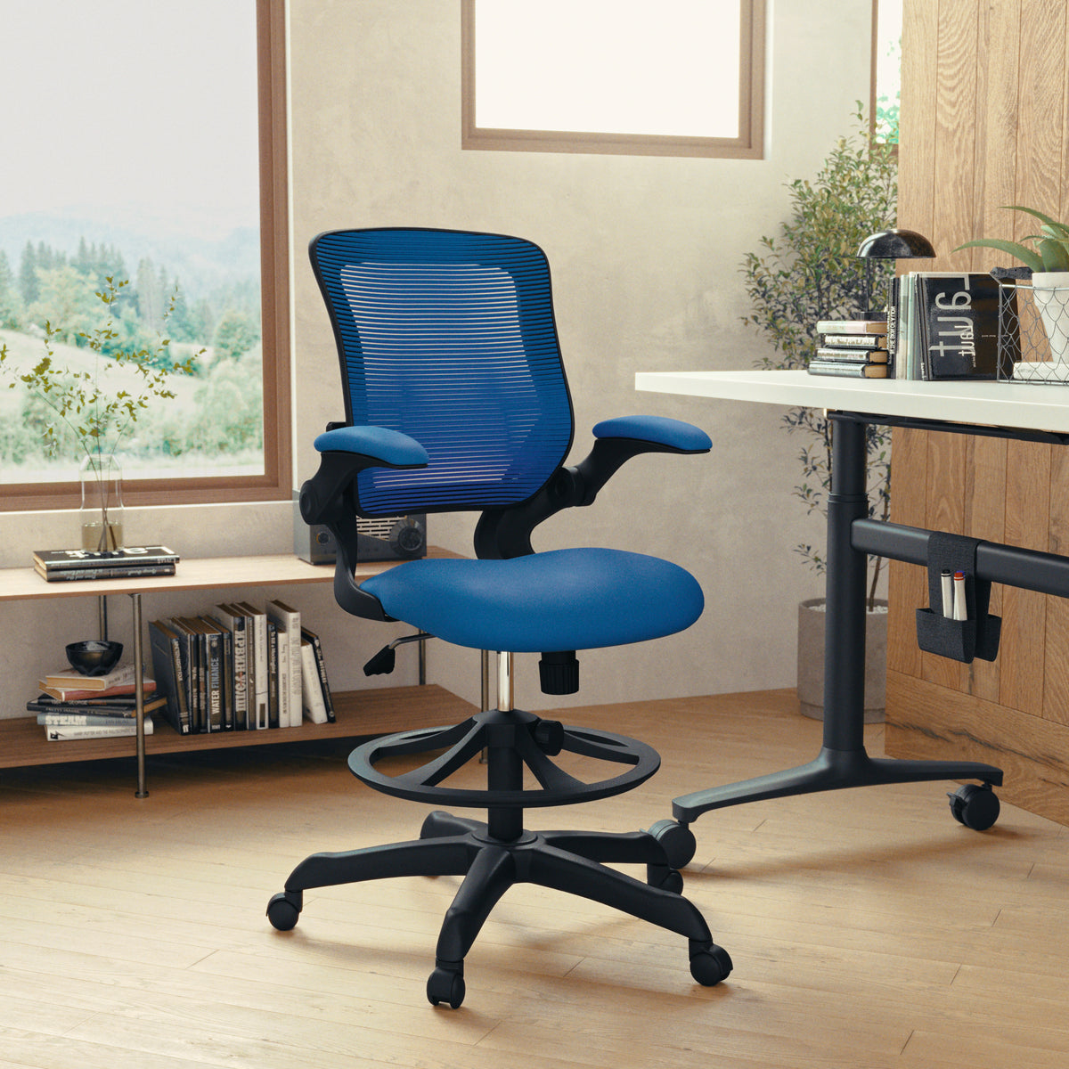 Mid-Back Mesh Ergonomic Drafting Chair with Adjustable Foot Ring and Flip-Up Arms