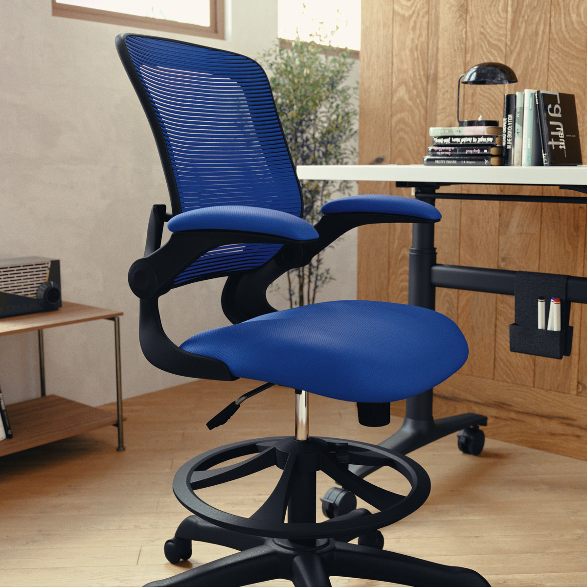 Mid-Back Mesh Ergonomic Drafting Chair with Adjustable Foot Ring and Flip-Up Arms