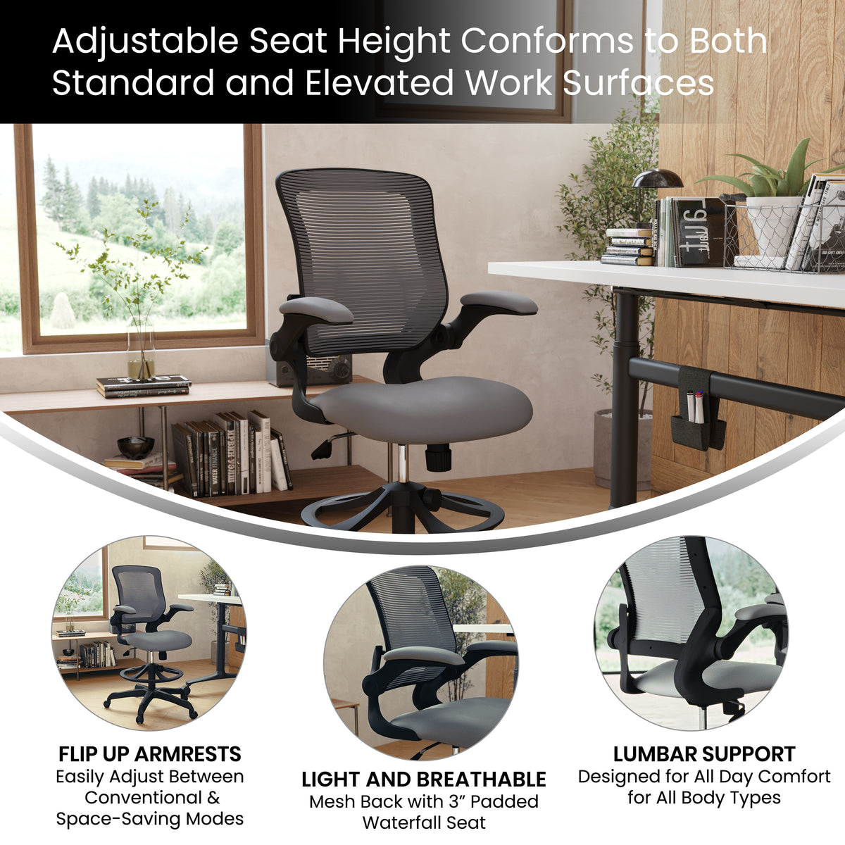 Mid-Back Mesh Ergonomic Drafting Chair with Adjustable Foot Ring and Flip-Up Arms