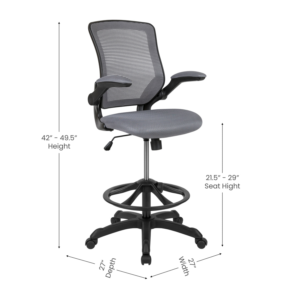 Mid-Back Mesh Ergonomic Drafting Chair with Adjustable Foot Ring and Flip-Up Arms