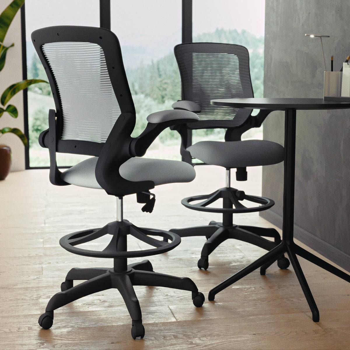 Mid-Back Mesh Ergonomic Drafting Chair with Adjustable Foot Ring and Flip-Up Arms