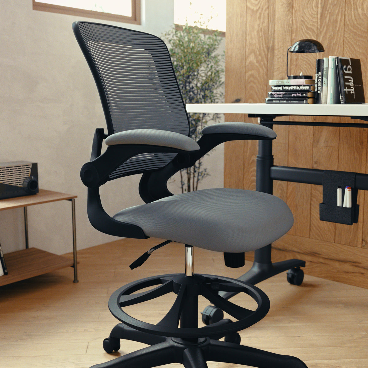 Mid-Back Mesh Ergonomic Drafting Chair with Adjustable Foot Ring and Flip-Up Arms